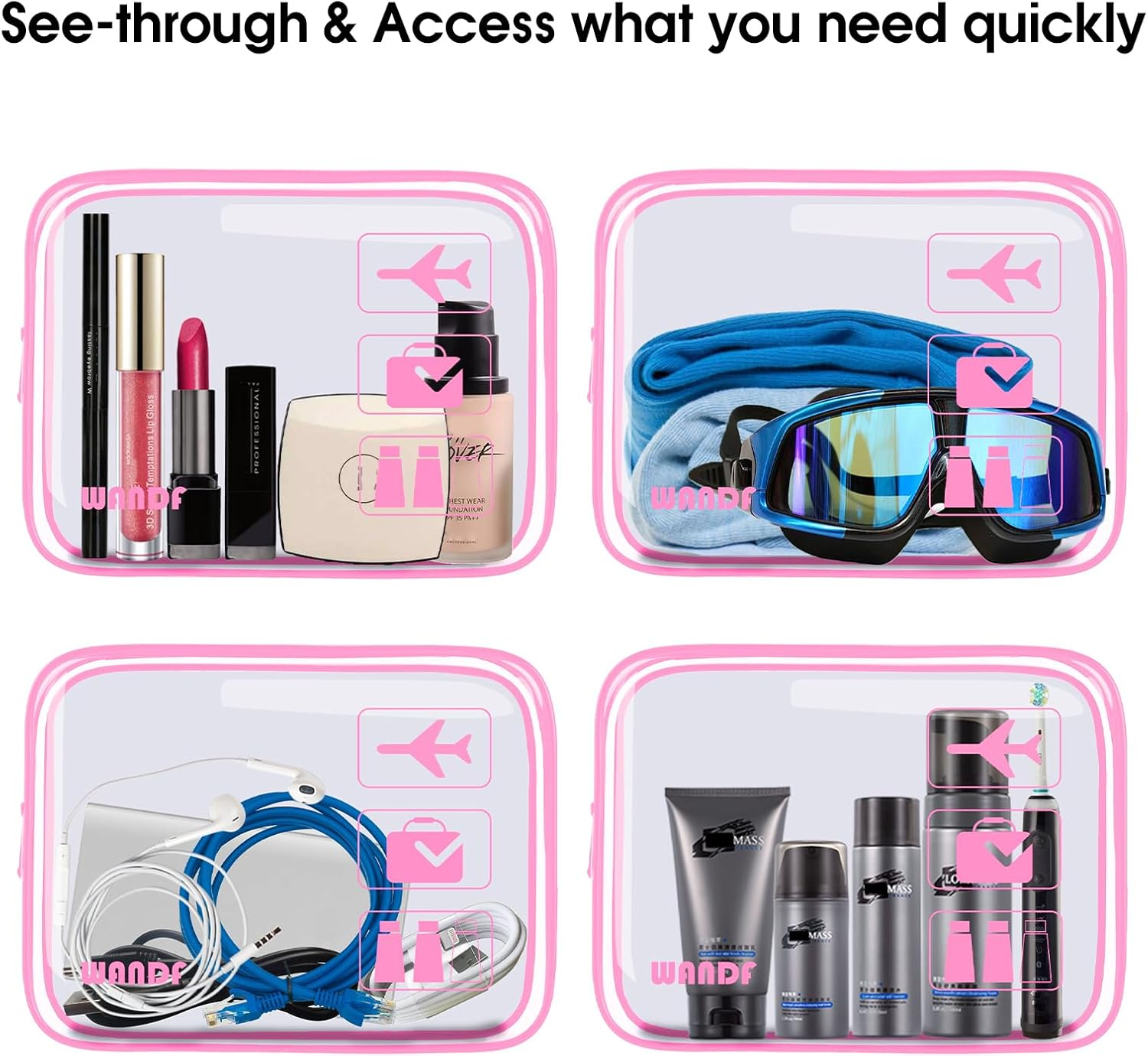 Clear Travel Toiletry Bags with Zippers Portable Waterproof Travel Accessories Quart Size Toiletries Cosmetic Pouch Makeup Bags for Men and Women (2 Pcs Pink) - Blue image number 4