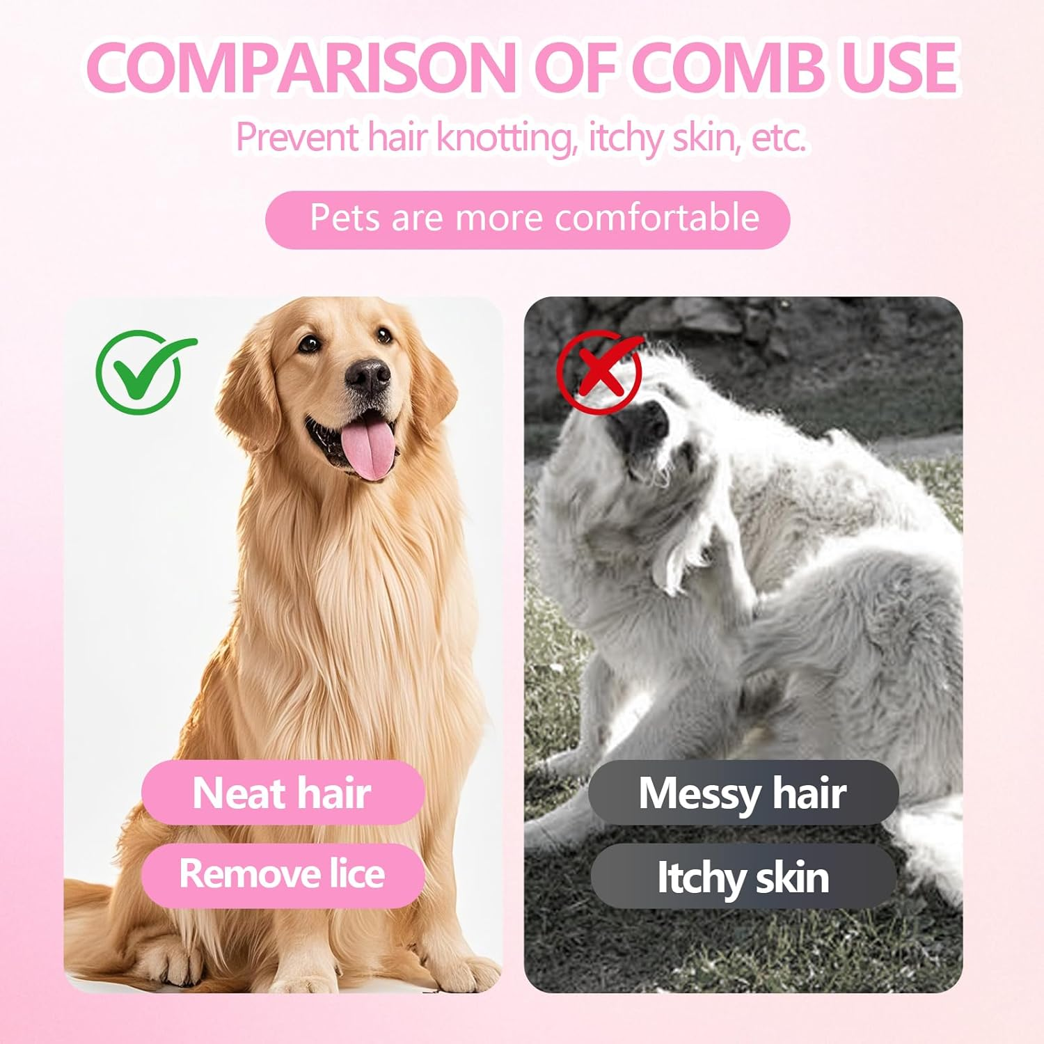 Flea Comb and Dust Comb for Dogs and Cats, Stainless Steel Dog Comb, Non-Slip ABS Handle, Cat Brush for Pet Grooming, Density and Wide Teeth for Different Combing Requirements (Pink) image number 2