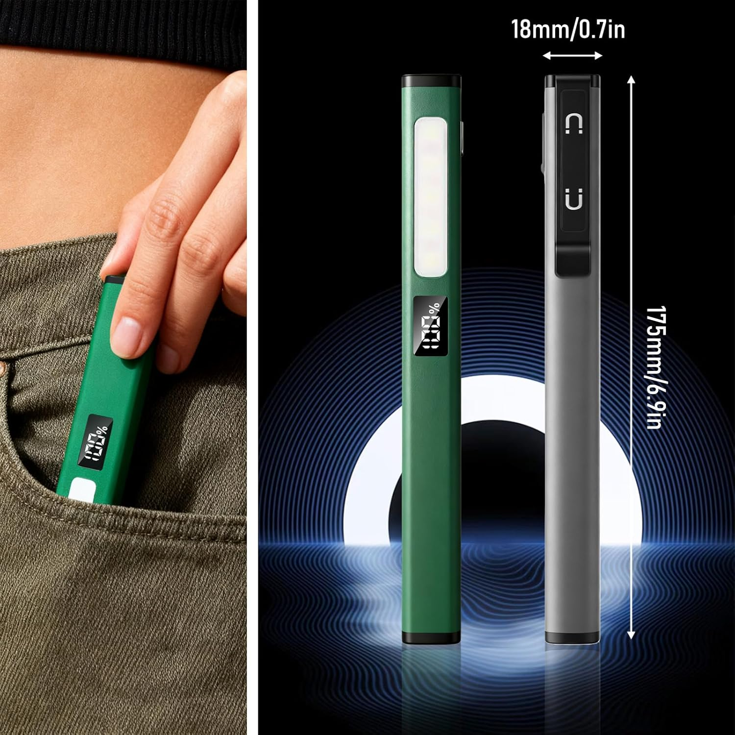 Pack of 2 LED Pen Lamp with Magnet, Rechargeable COB Work Light with 6 Modes & Battery Level Indicator, Waterproof Portable Inspection Lights for Camping, Repairs, Emergencies, Workshop Lamp image number 2