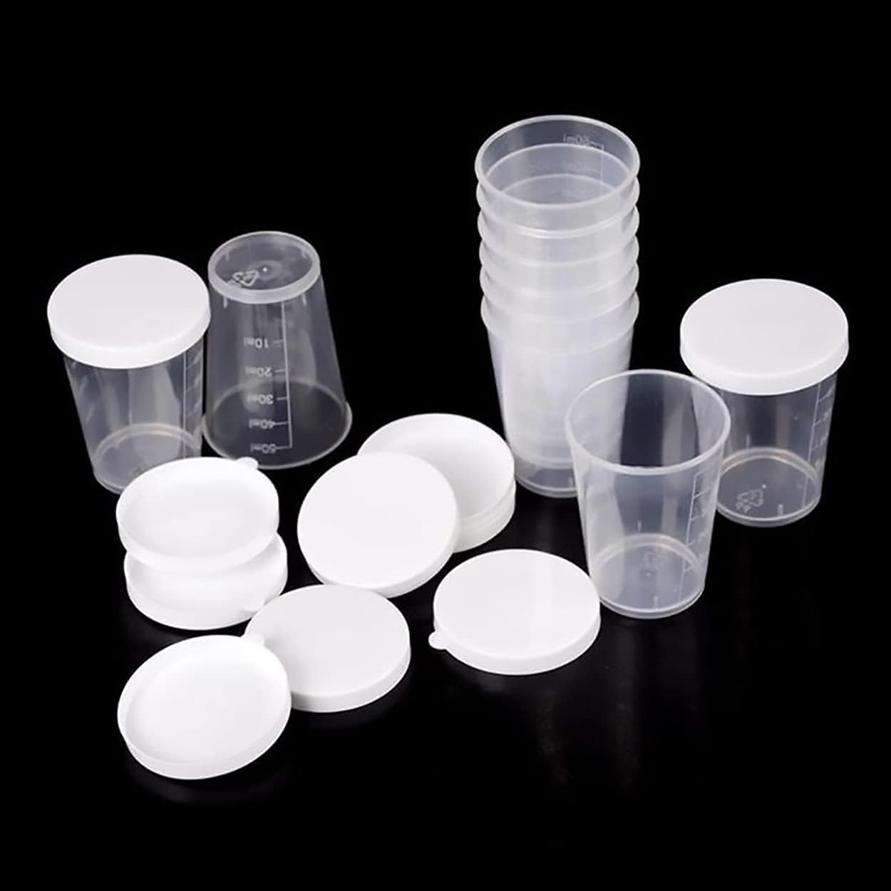 Dadamong 20PCS Plastic Medicine Measuring Cups with Lids, Clear Reusable Graduated Cups Transparent Scale Measuring Cups, Measure Container for Mixed Pills, Liquid Medication (50ML) image number 2