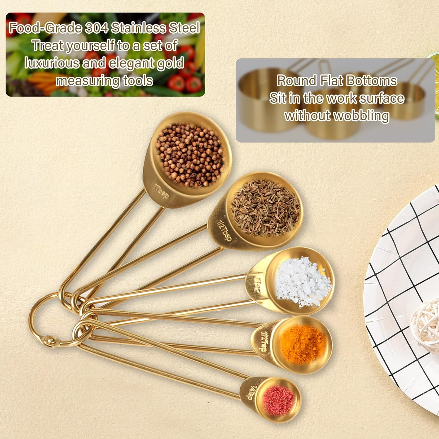 Gold Stainless Steel Measuring Cups and Spoons Set of 9, Premium Gold Kitchen Gadgets,4 Measure Cups and 5 Magnetic Measuring Spoons Set,2 Leveler for Liquid and Dry Ingredients Baking Cooking image number 6