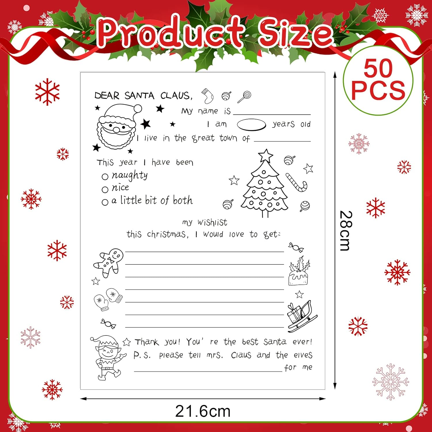 Spiareal Christmas Stationery Paper Color Your Own Letter to Santa 8.5 X 11 Inch Christmas Tree Gingerbread Coloring Writing Paper for Family Classroom Xmas Holidays DIY Craft Party Supplies(50 Pcs) image number 6