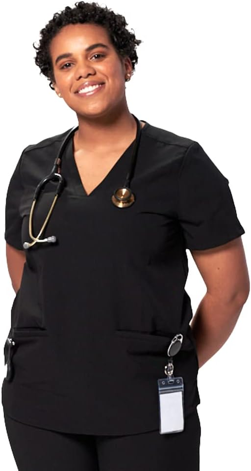 Dr. Woof Apparel Scrub Top for Women - 3 Pocket V-Neck Surgical Scrubs Tops - Short Sleeve Stretch Medical & Nursing Uniform Top for Ladies