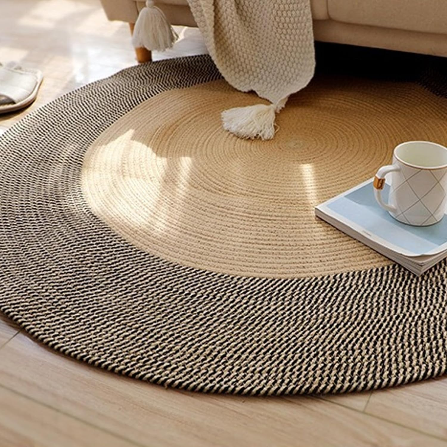Jute Braided Rug, round Jute Rug, Hand Woven Reversible Fashionable Area Rug, Circle Carpet, Area Rug for Bedroom, Hallway, Living Room, Kitchen (Retro Color) image number 5