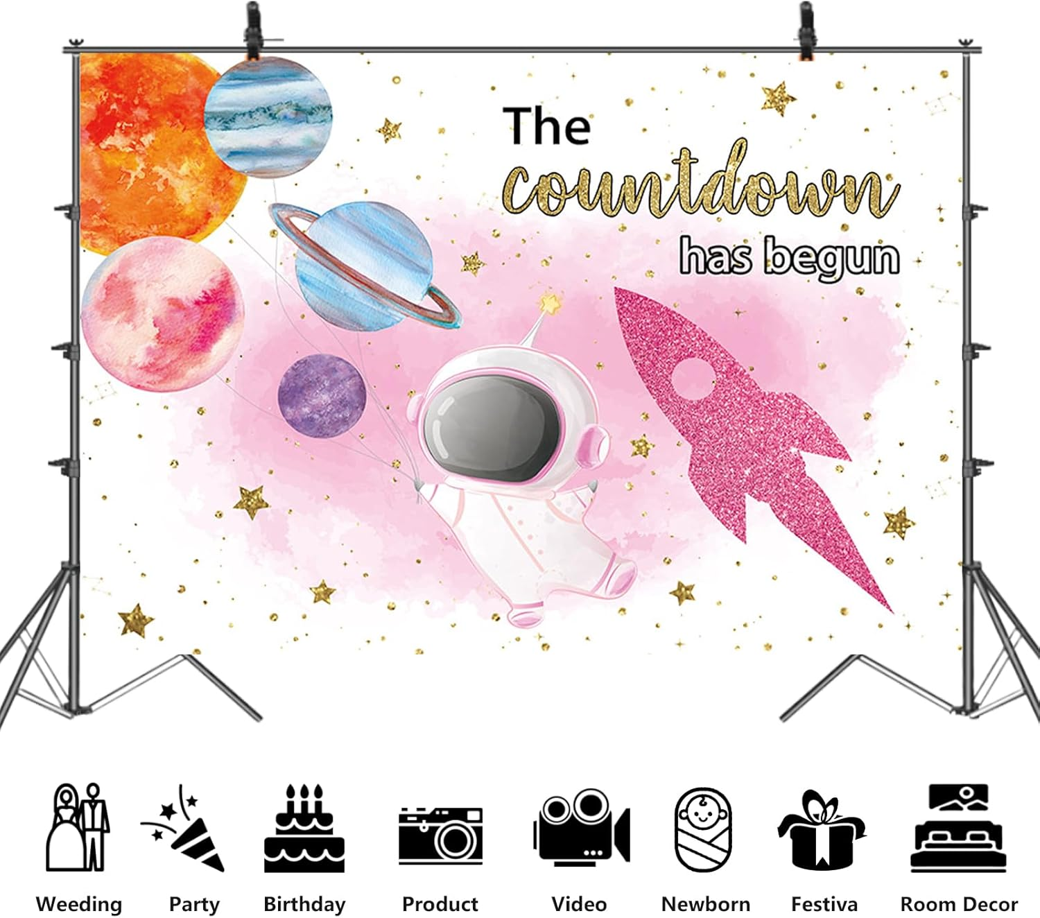 APROPHIC Space Baby Party Background Pink Astronaut Girl Countdown Has Begun Rocket Background, Planet Baby Shower Decoration Banner Photography Background 210 X 150 Cm image number 2