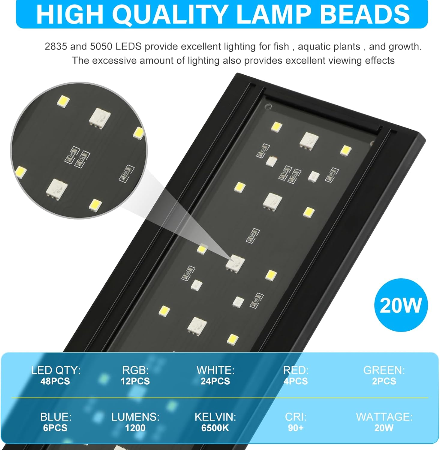 Zingbabu Aquarium Light, 30-50CM 20W Full Spectrum LED Clip on Fish Tank Light, 270&deg; Rotation Fish Lamp, Exclusive for 2-15 Gallon Fish Tanks, Freshwater Aquarium Lights for Plants image number 4