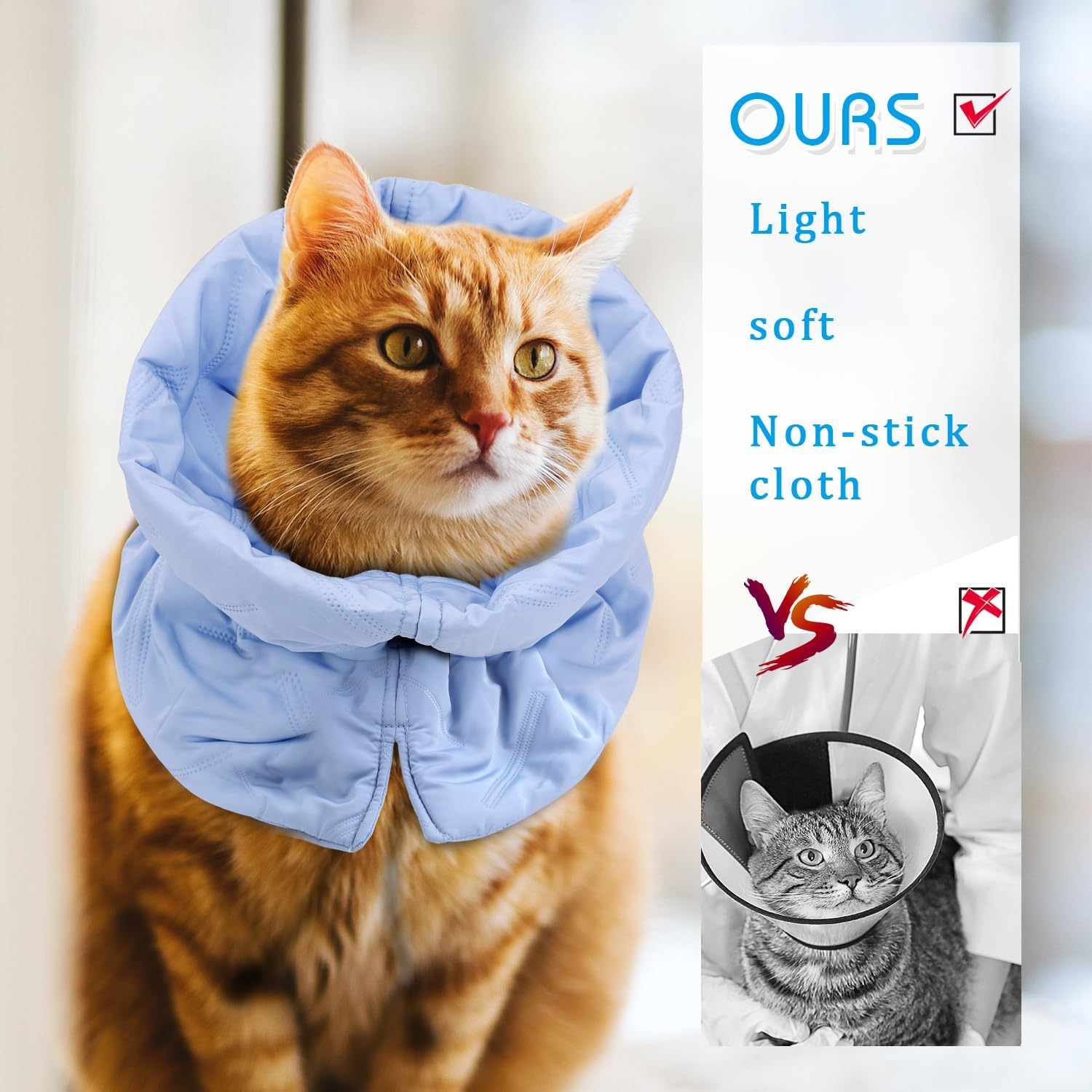 BOXOB Cat Recovery Collar Cone, Adjustable, Lightweight, Waterproof, Soft, Prevents Licking Wounds, Fits 4-10 Lbs, Light Blue, Sponge, Twill Composite
