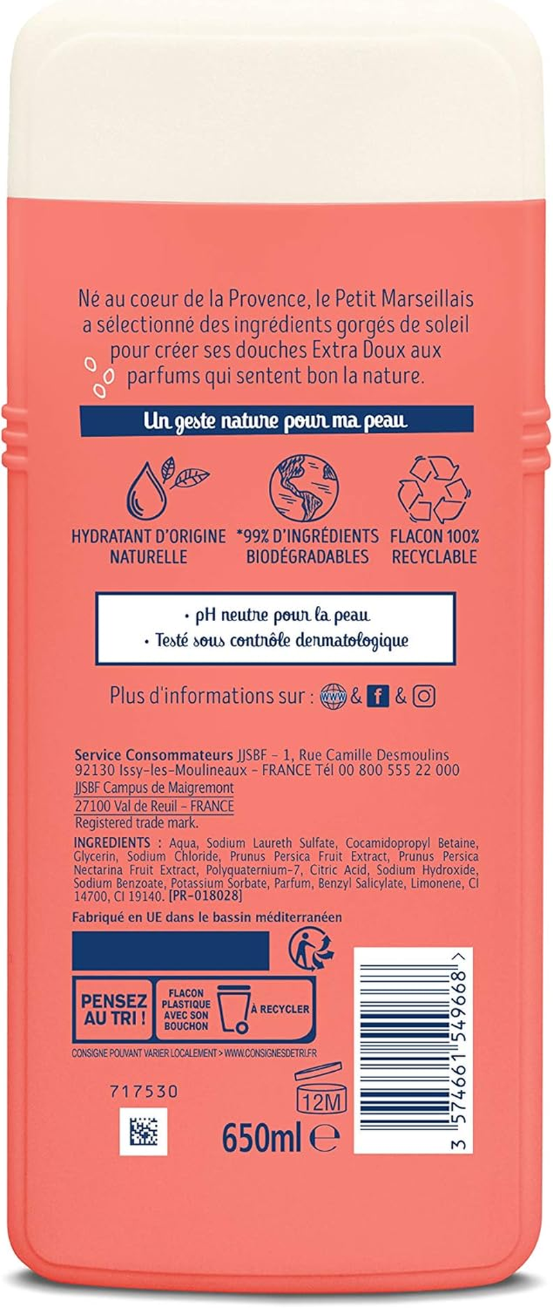 Le Petit Marseillais Shower Gel & Bath Gel, Extra Soft, Peach White Organic and Nectarin, 650 Ml image number 4