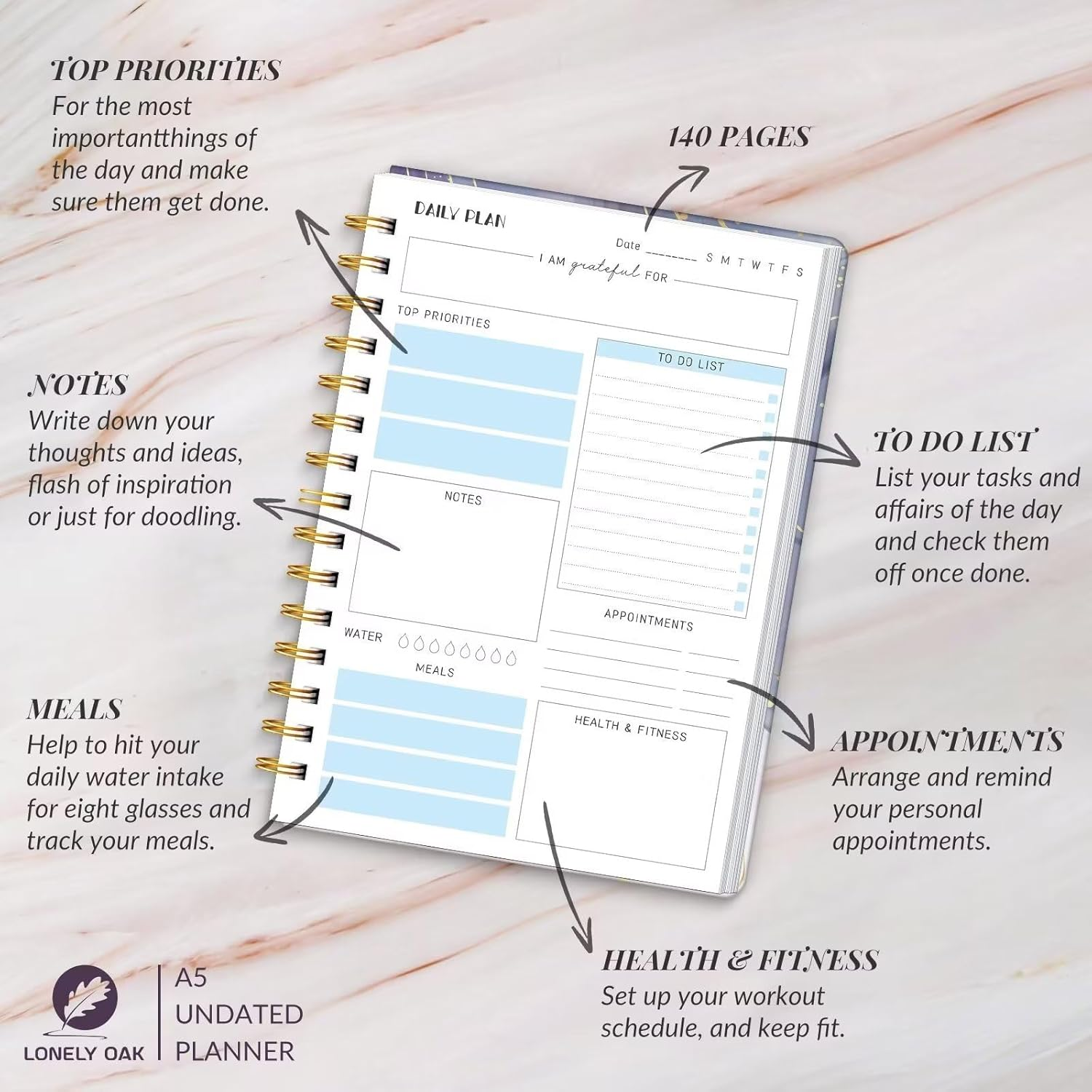 Daily Planner Undated to Boost Productivity, Undated to Do List Notebook, Spiral Appointment Book, Habit Tracker Journal, Goal Planner and Tracker to Hit Your Daily Goals(Purple Marble) - Indigo image number 6