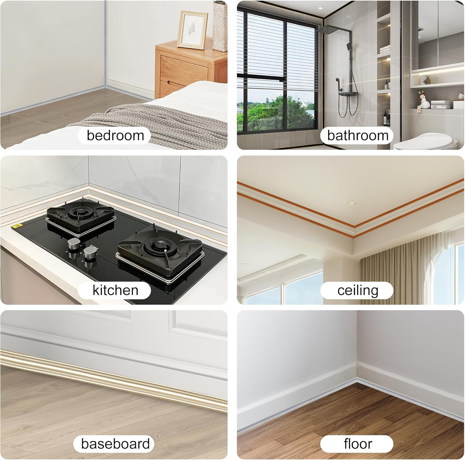 JUNART TPE Skirting Board Trim, Flexible Caulk Strip Moulding Trim, Self-Adhesive Edging Strip Coving for Wall, Ceiling, Corner Decoration, Worktops, Floor(12&times;9Mm,500Cm,White Gold) image number 5