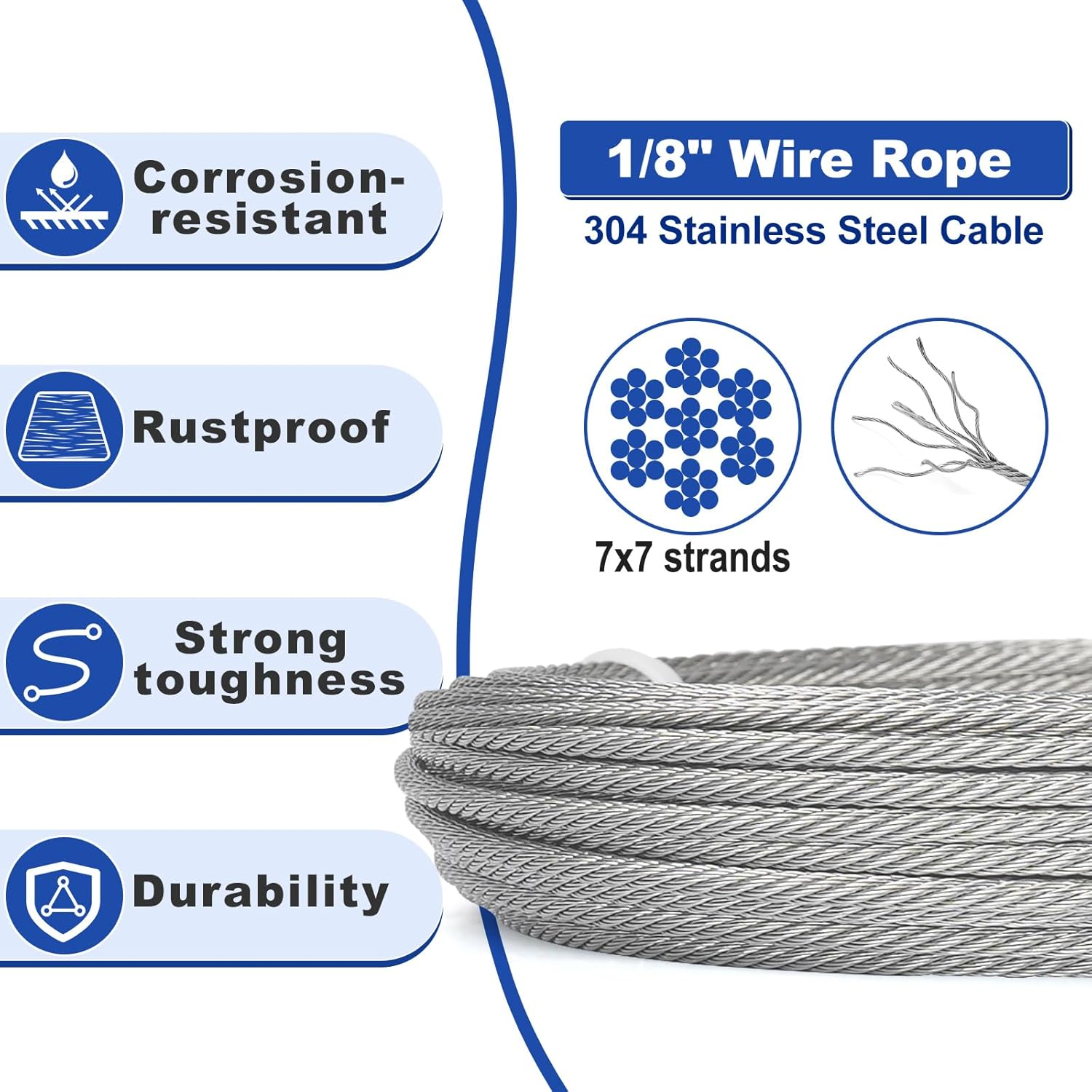 Tootaci 1/8 Stainless Steel Cable for Deck Railing, 30M/3Mm Steel Wire Rope Heavy Duty with M6 Turnbuckle for Cables Wire, 7&times;7 Strands Aircraft Cable for Shade Sail, Clothesline, anti Sag Gate Kit image number 3