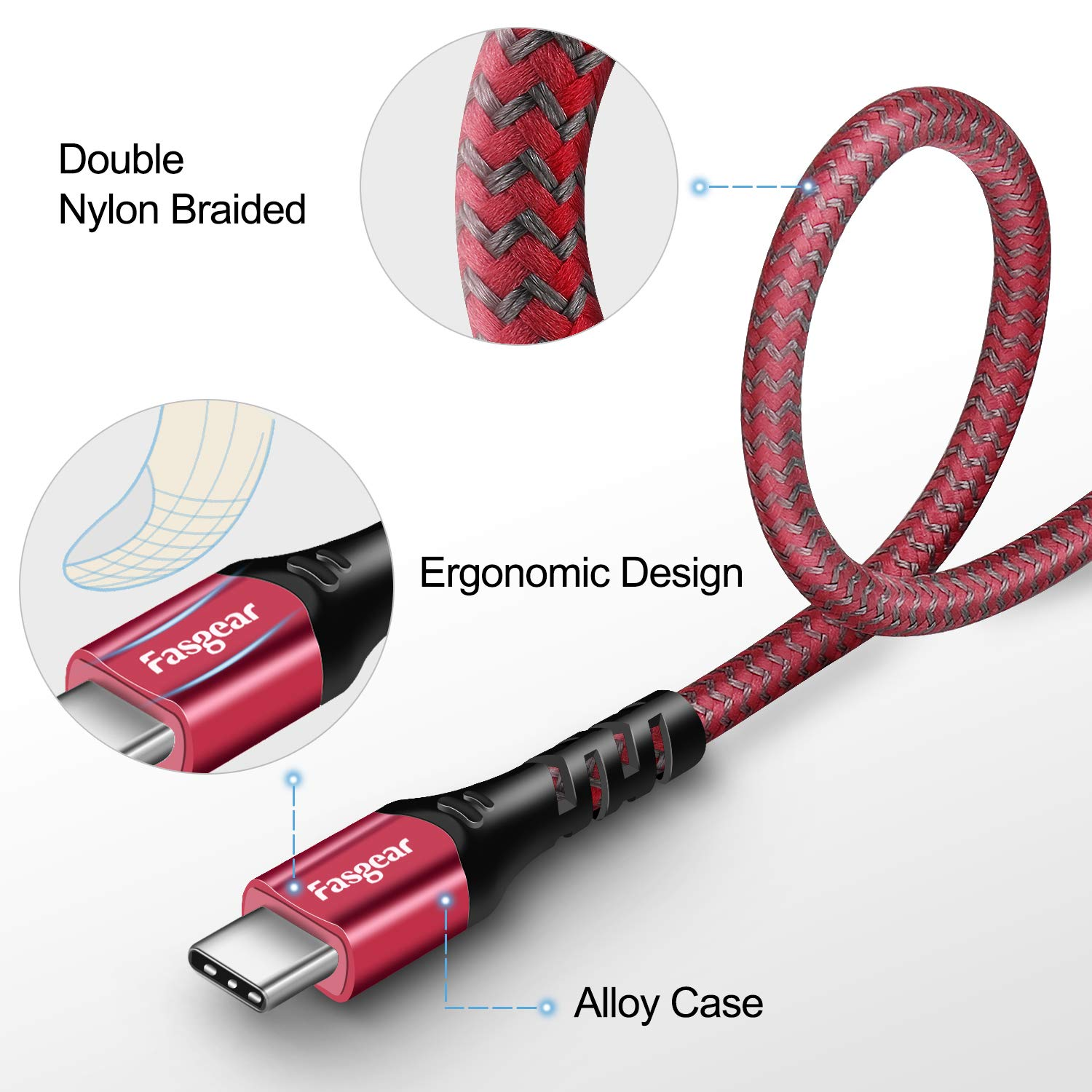 USB C Cable 1.8M/6 FT, Fasgear Braided USB a to Type C Cord 3A Fast Charge 480Mbps High Speed Data Sync Compatible with Galaxy Z Fold 4/S23/A13, Oppo Find X3/A76, Moto G62/Edge 20, Ipad Mini 6 (Red) image number 3