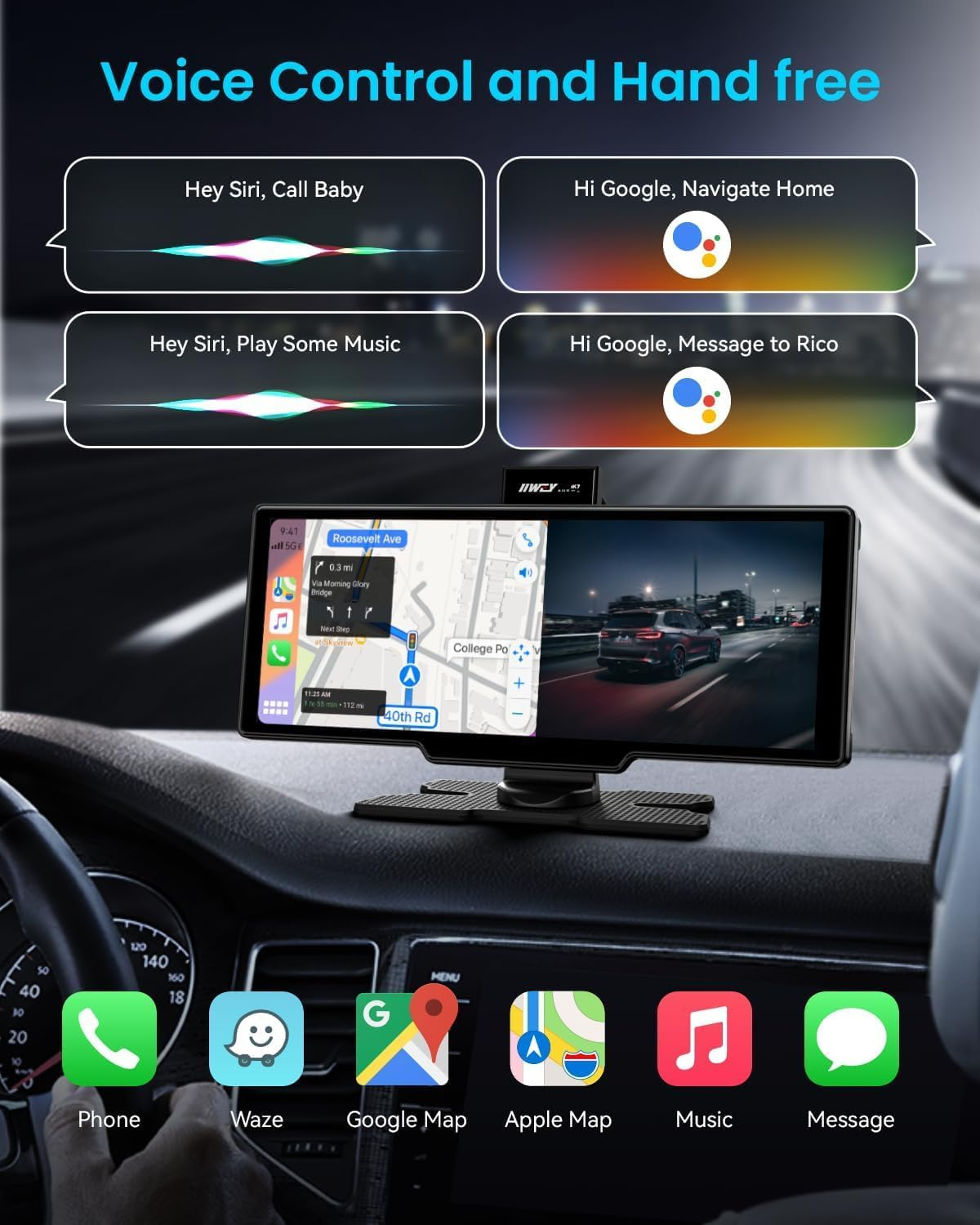 10.26" Portable Wireless Carplay Screen for Car, Apple Carplay & Android Auto, 4K Dash Cam with 1080P Backup Camera, Touchscreen DVR, Dual Recording, Includes Mount & 64GB Card