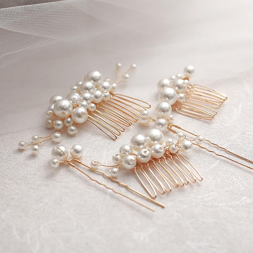 5 Pieces Small Pearl Hair Combs Pearl Metal Hairpins Bridal Wedding Hair Clips Bridal Hair Accessories Side Comb Hairpiece Pearl Hair Accessories Elegant Hair Accessories image number 1