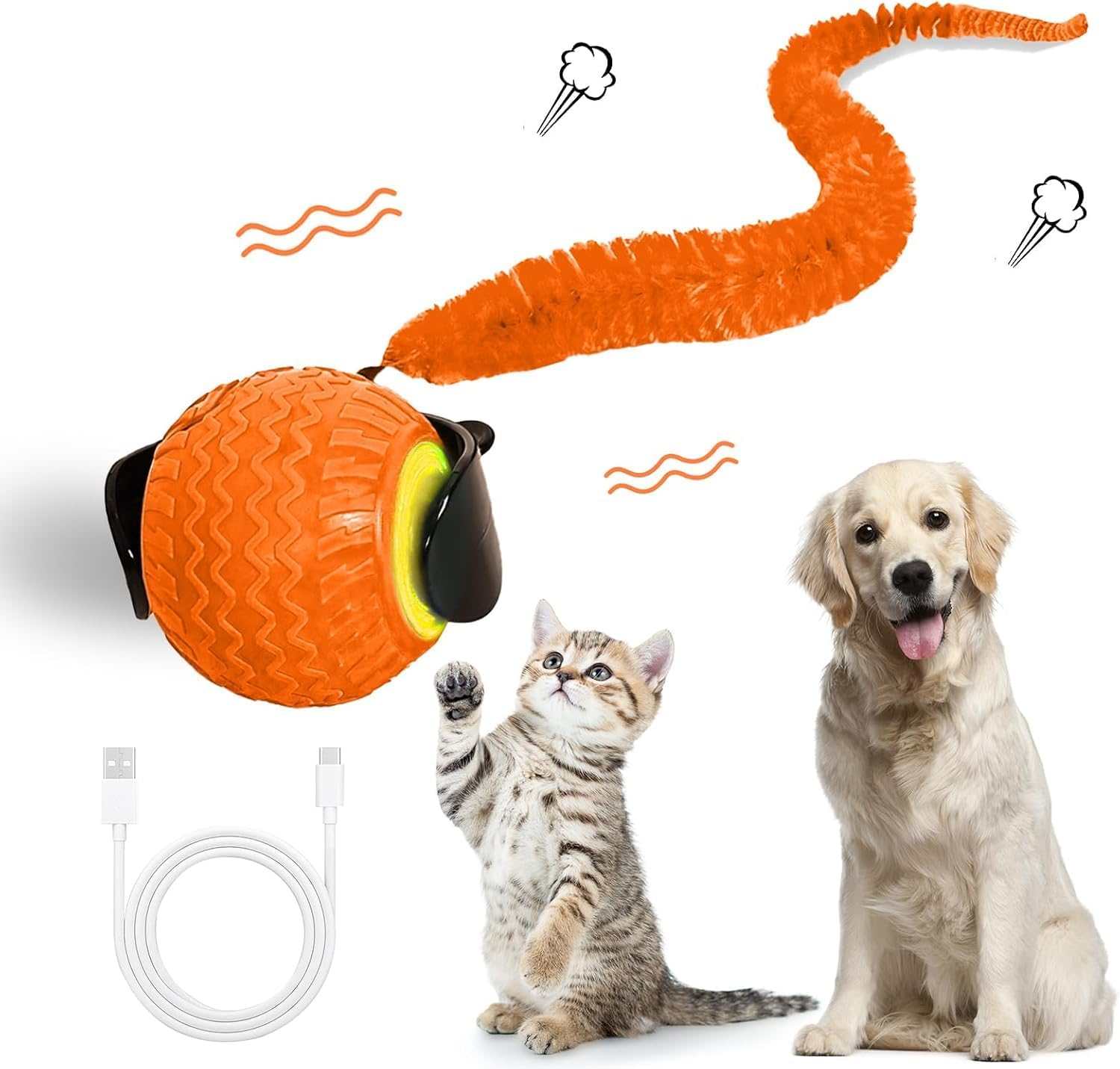 2Pcs Interactive Cat Toy for Indoor Cats, Speedy Ball with Tail, Automatic Moving Cat Balls for Bored Indoor Adult Cats, 360&deg;Automatic Rolling Ball Toy, Two Speed Adjustment（Orange&Blue）