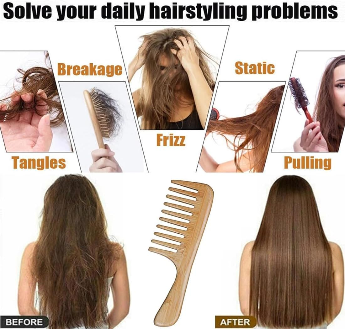 MUNZE Bamboo Comb Coarse Wide Comb, Antistatic Detangling Comb with Wide Teeth and Ergonomic Handle for Curly Hair, Unisex, Anti-Frizz, Coarse Comb [Large], Styling Comb image number 1