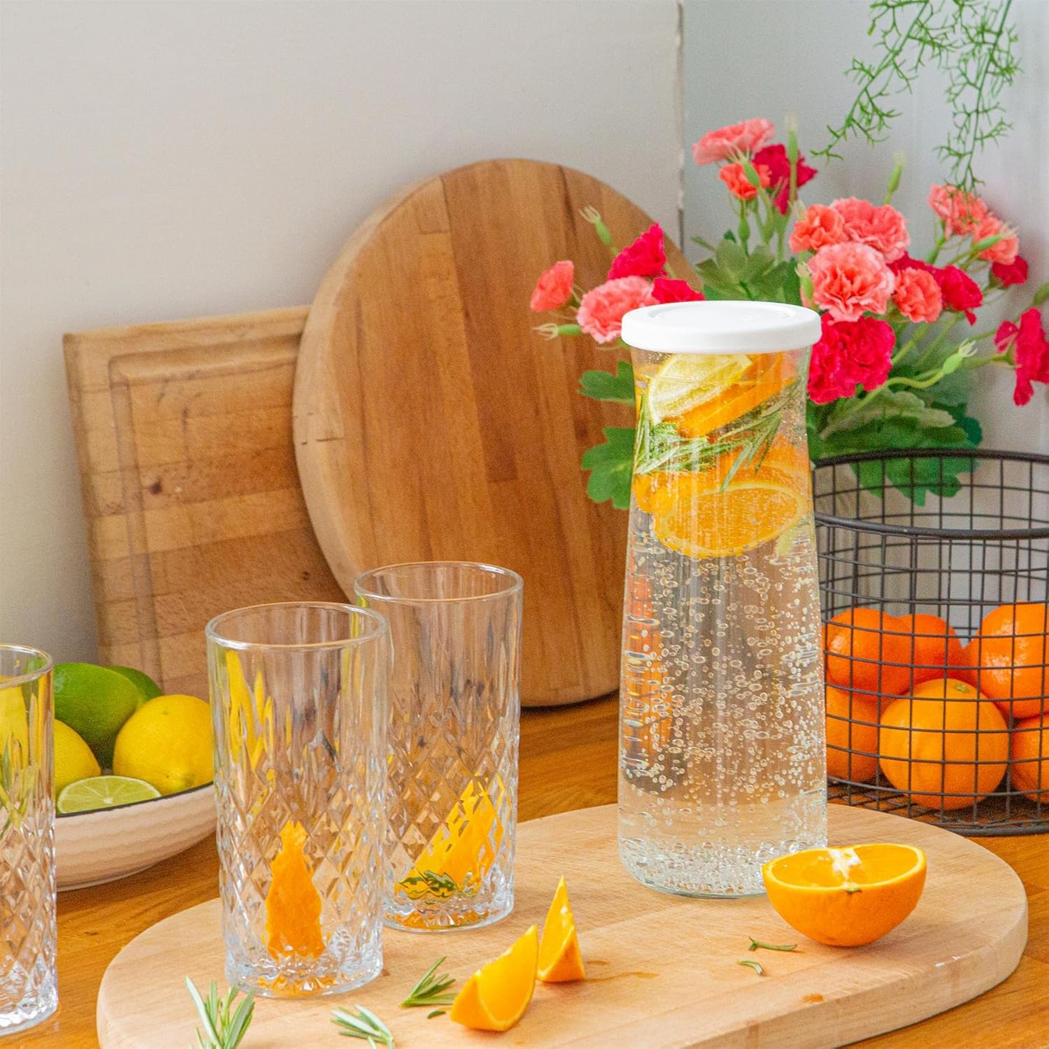 LAV Vera Glass Carafes - Set of 2 X 1.2L Water & Juice Pitchers with White Silicone Lids - Airtight Glass Jugs for Wine, Cocktails, or Food Storage - Durable & Dishwasher Safe image number 5