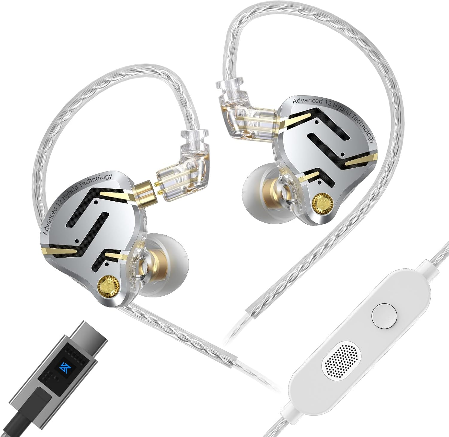 Yinyoo KZ ZS12 Pro 2 IEM Wired Earphones USBC Hifi Earphones 5BA + 1DD In-Ear Headphones with Gold-Plated 2-Pin Connector for Musicians (Black, with Microphone)