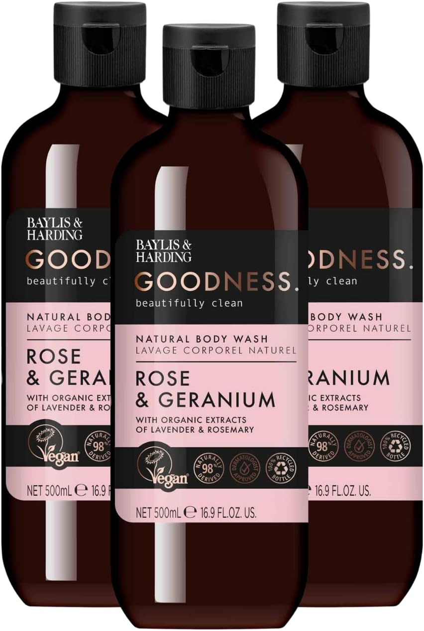 Baylis & Harding Goodness Rose & Geranium Natural Bath Soak, 500Ml (Pack of 3) - Vegan Friendly