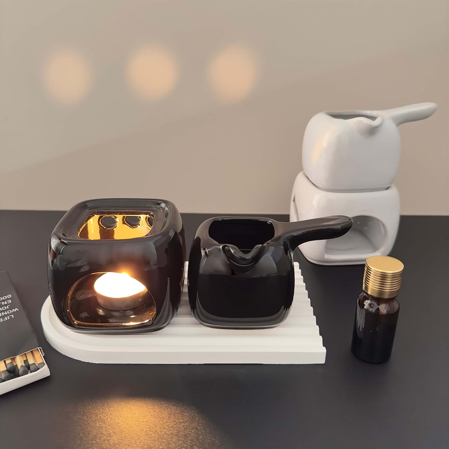 Black Ceramic Candle Diffuser, Tea Light Wax Melt Warmer, Oil Burner for Scented Oil - Black image number 3
