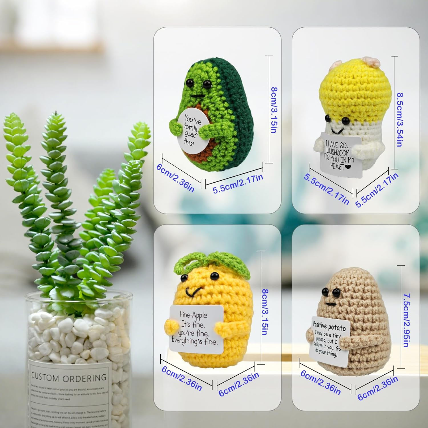 SZMDLX Positive Crochet Potato Mushroom Avocado Pineapple, 4PCS Emotional Inspirational Support Cute Stuff, Home Decoration, Funny Handmade Crochet with Positive Card, Encouragement Gifts for Friends image number 6