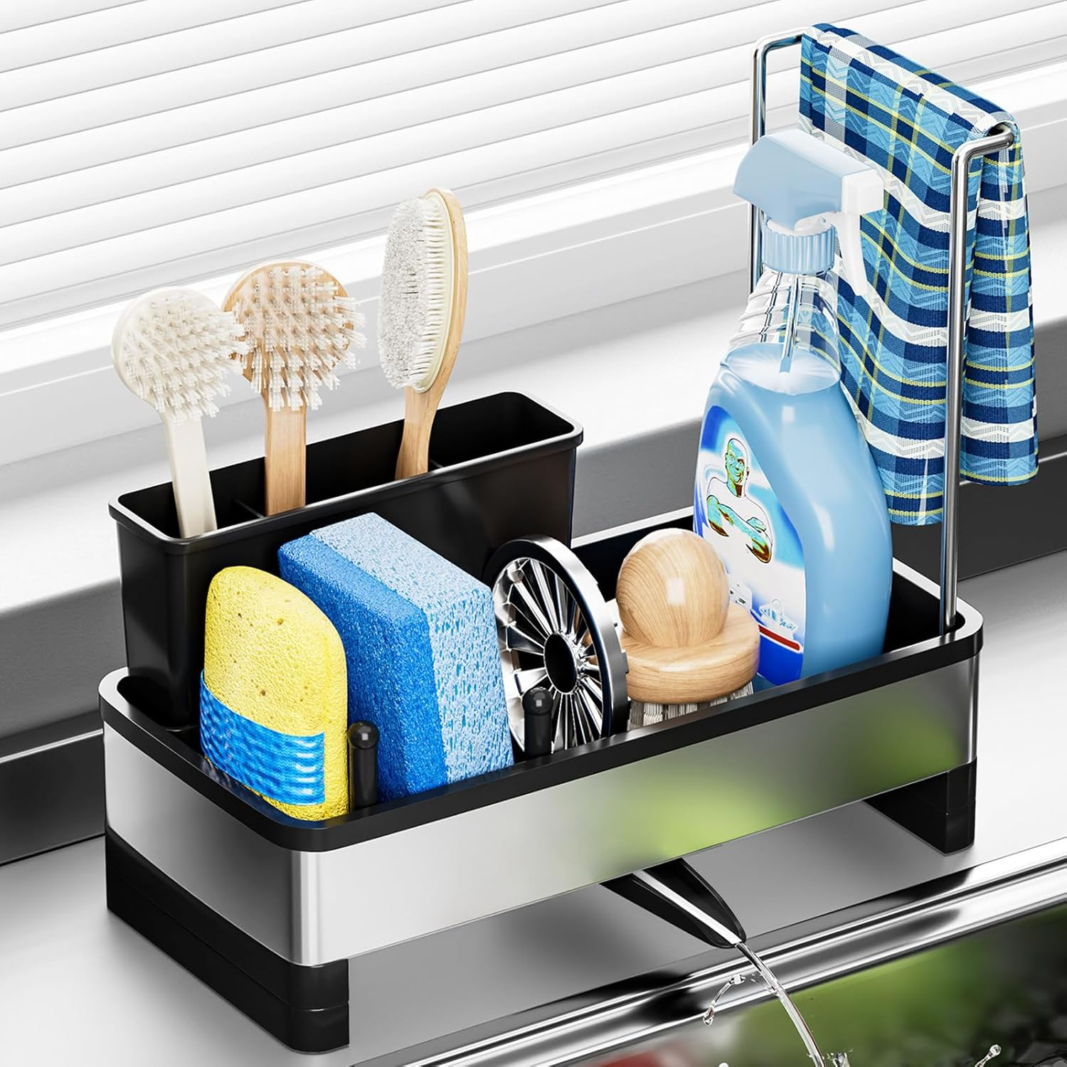 Sink Caddy, Kitchen Sink Caddy Storage with Dishcloth Holder Rack & Brush Holder and Self Drain Tray, Rustproof Sink Organiser Bench Top, Soap Dispenser Storage Accessories image number 6