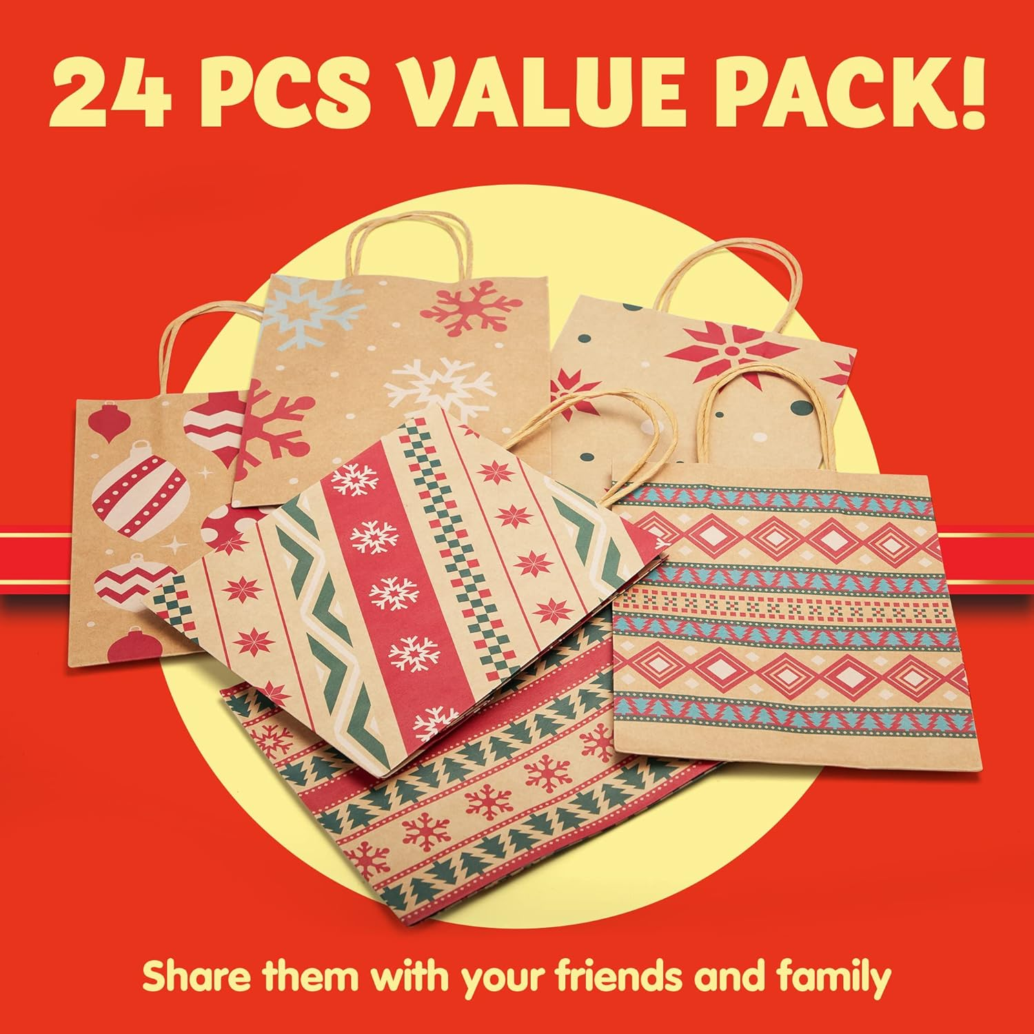 JOYIN 24 PCS Christmas Kraft Gift Bags Xmas Holiday Present Wrapping Paper Goody Bags with Handles for Classrooms and Wedding Decor, Party Favors and Decor Supplies (Brown 9X7.3X3.3 Inch)