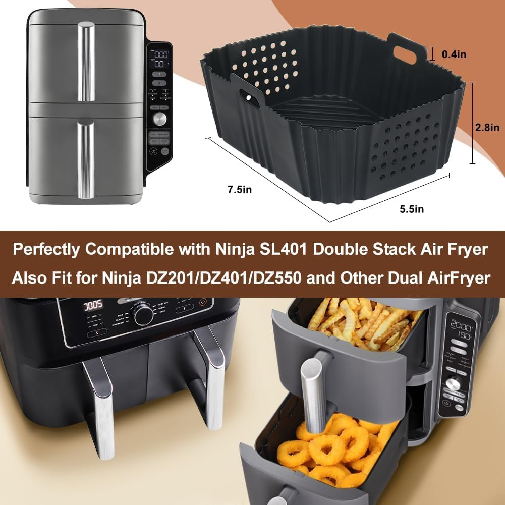 Silicone Air Fryer Liners for Ninja SL401 Double Stack 2 Basket Air Fryer, Reusable Rectangle Perforated Silicone Liners for Dual Air Fryer, Ninja Doublestack XL 9.5L Air Fryer Accessories image number 2