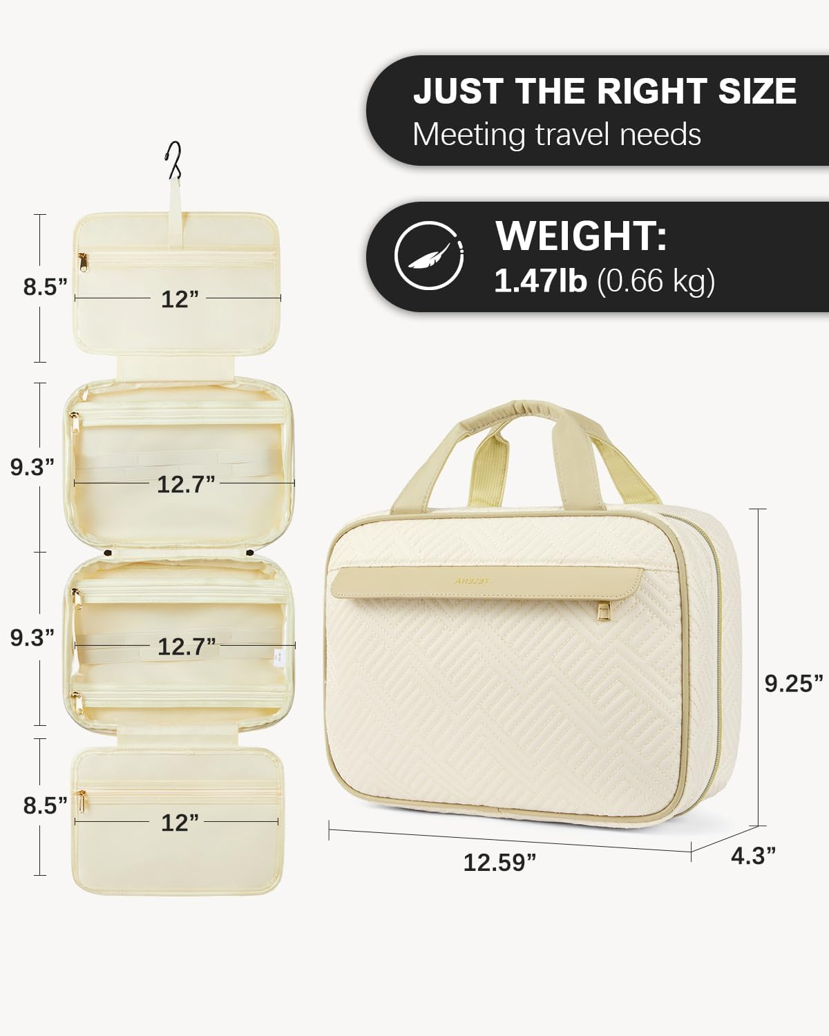 DDPOND Hanging Travel Toiletry Bag - Quilted Convenient & Stylish Organizer for Traveling Women, Pink - Light Pink image number 3