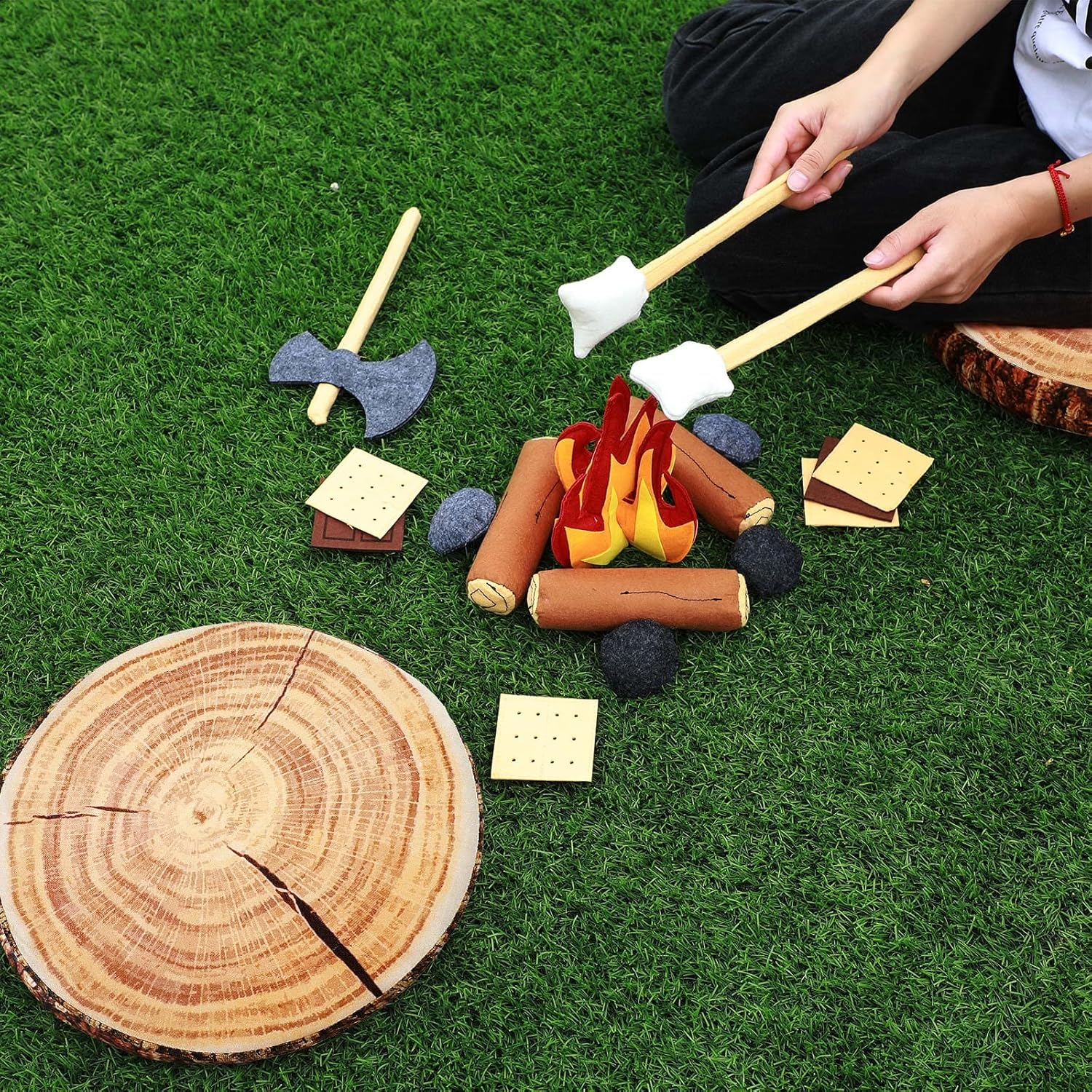 Civaner 17 Pcs Pretend Camping Play Set, 2 Decorative round Throw Pillow, Toys Safe Fake Campfire Plush Wood Design Floor Cushion for Adults Dramatic Outdoor Home Decorations image number 2