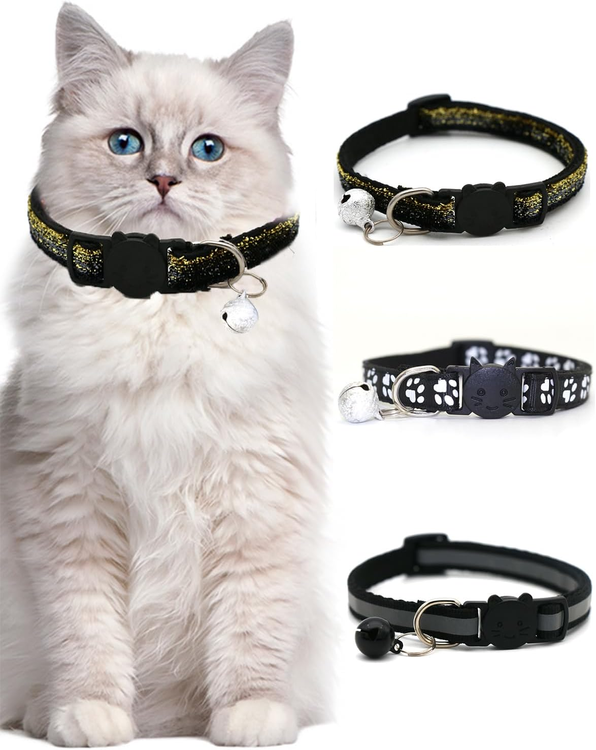 KGDUYC 3 Pieces Reflective Cat Collar with Safety Clasp and Bell, Adjustable Collar Cat Kitten Cat Collars Quick Release Reflective Kitten Collar, 19-32 Cm, Black image number 3