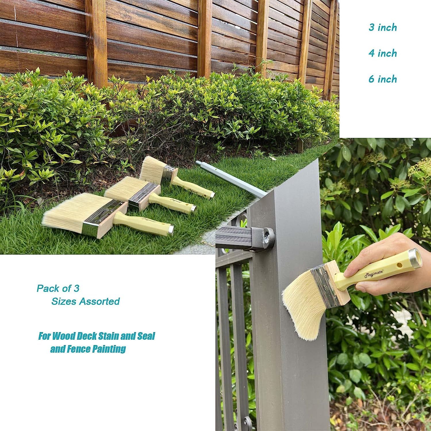 Deck Stain and Sealer Block Paint Brushes on Wood, Walls, Furniture, Shed and Fence, Large and Thick Bristle Paint Brushes, 3-Inch, 4-Inch and 6-Inch, Set of 3 image number 3