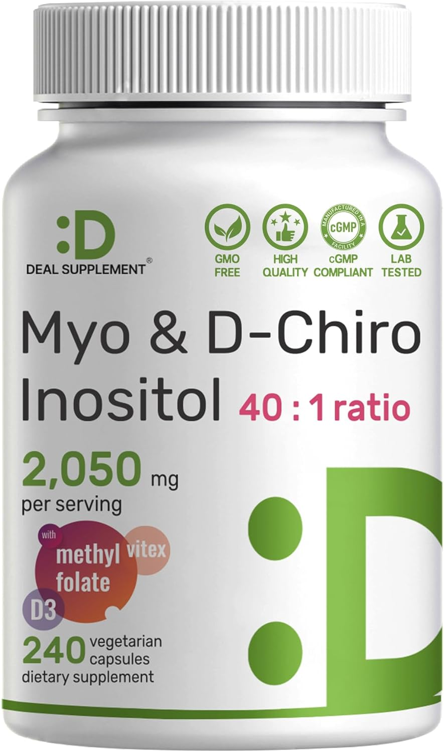 Myo-Inositol & D-Chiro Inositol Supplement (40:1) 2,050Mg per Serving, 240 Veggie Capsules &ndash; with Folate, Vitamin D3, & Vitex Complex &ndash; Women Health Supplements &ndash; Non-Gmo image number 4