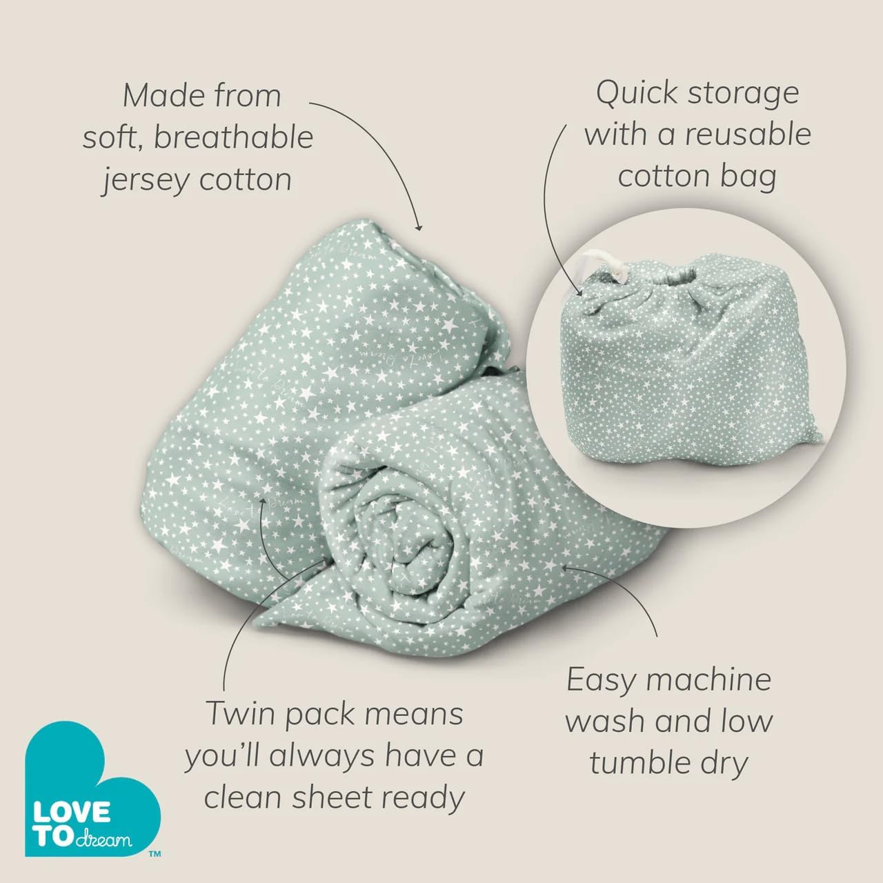 Love to Dream Fitted Bassinet Sheet Twin Pack | 100% Cotton, Soft Jersey Fabric, Fits Oval & Square Mattresses, Snug & Breathable Basket Sheet | Reusable Storage Bag, Stardust Olive