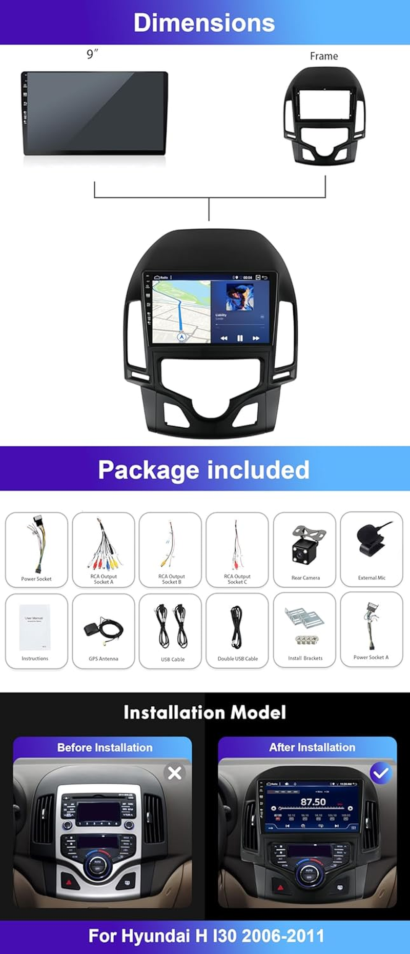 MISONDA 4G+64G Android 14 Car Stereo Radio for Hyundai I30 2006-2011 with 9 Inch HD IPS Touch Screen Wireless Carplay Android Auto DSP Bluetooth GPS Wifi Mirrorlink Backup Camera MIC RDS image number 4