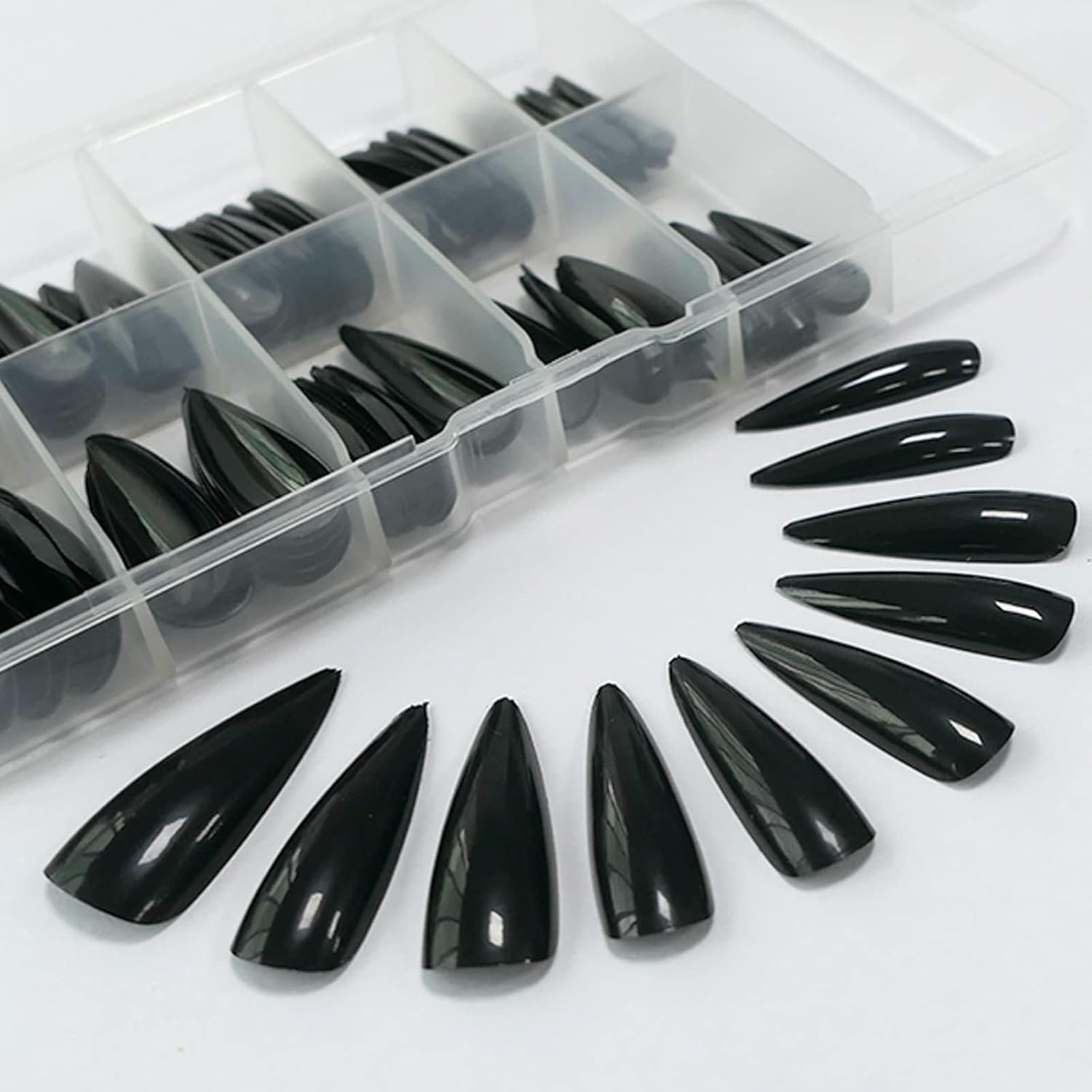 Lifextol Glossy Fake Nail 100Pc Full Cover Acrylic Black Long Stiletto Press on Nails Art Tips False Nail for Beginner Women and Girls Manicure(Black) image number 2