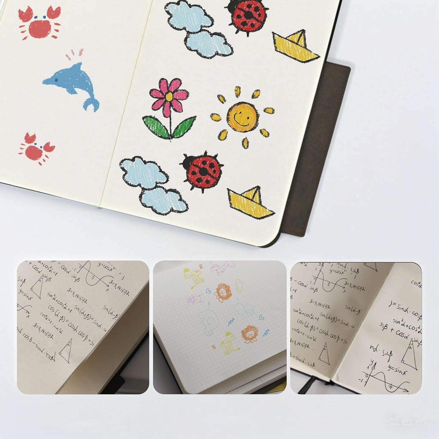 TUNJILOOL A7 Leather Journal Notebook - 2Pack Dotted/Grid/Blank Pages, 100GSM Thick Paper, Water-Resistant Cover, Elastic Closure & Inner Pocket (Black)