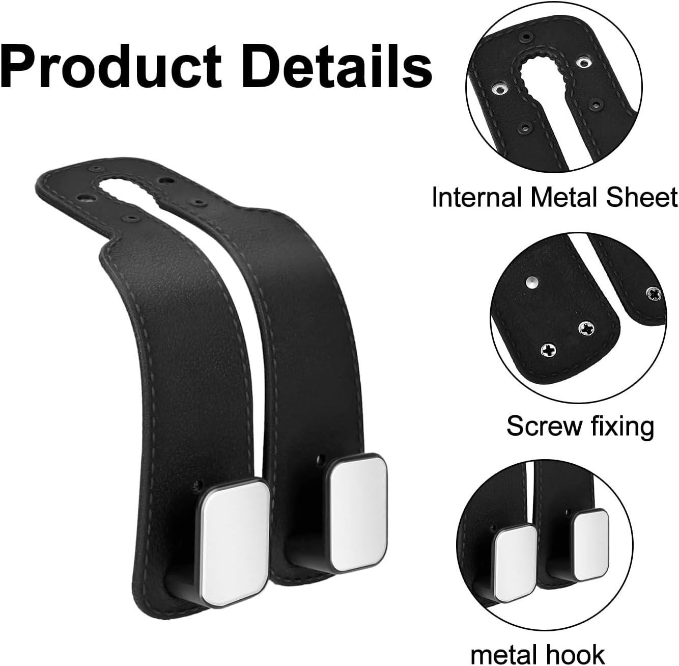Topbine 2Pcs Car Hooks for Headrest,Automotive Seat Back Hooks, Leather Car Seat Headrest Double Hooks (Black)