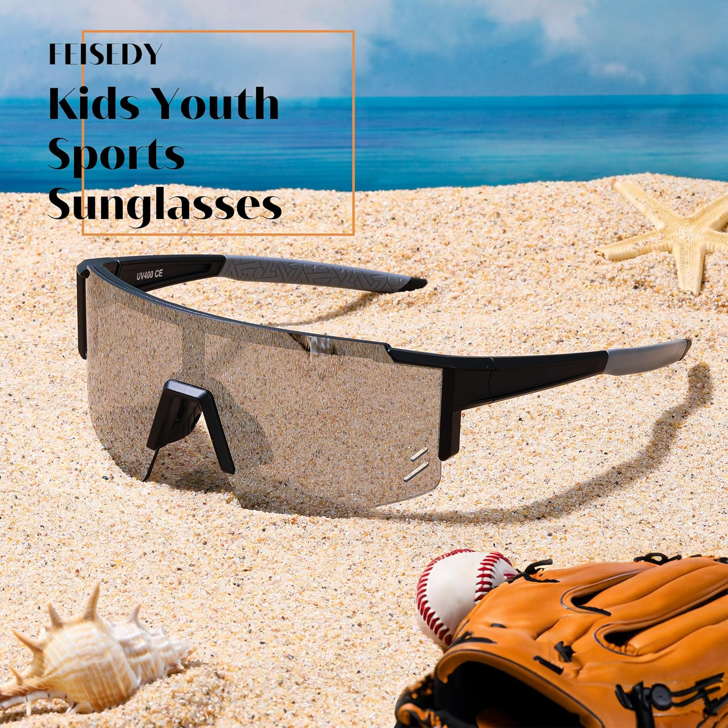 FEISEDY Kids Sunglasses for Boys Girls, UV400 Protection Teens Sports Sunglasses for Cycling Baseball Running - Red Black Frame/Red Mirror image number 2