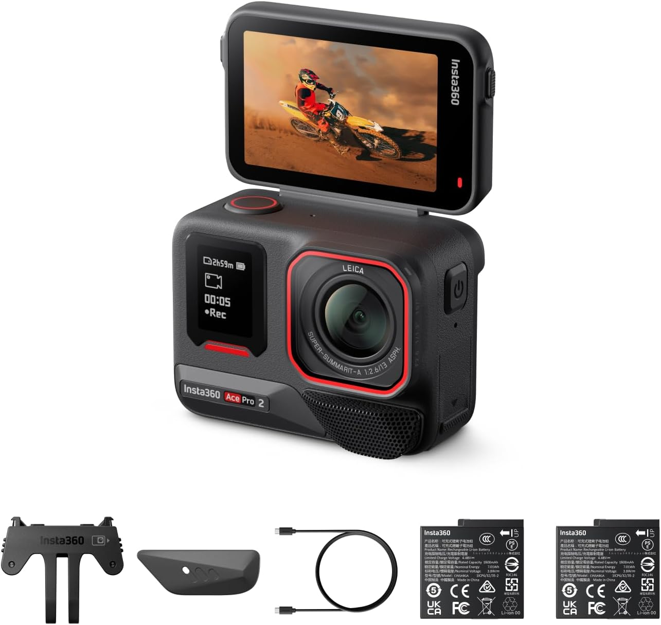 Insta360 Ace Pro 2 Standard Bundle -8K Waterproof Action Camera Co-Engineered with Leica, 1/1.3" Sensor, Dual AI Chip, Leading Low Light, Superior Audio, Flip Screen & AI Editing for Motorcycling