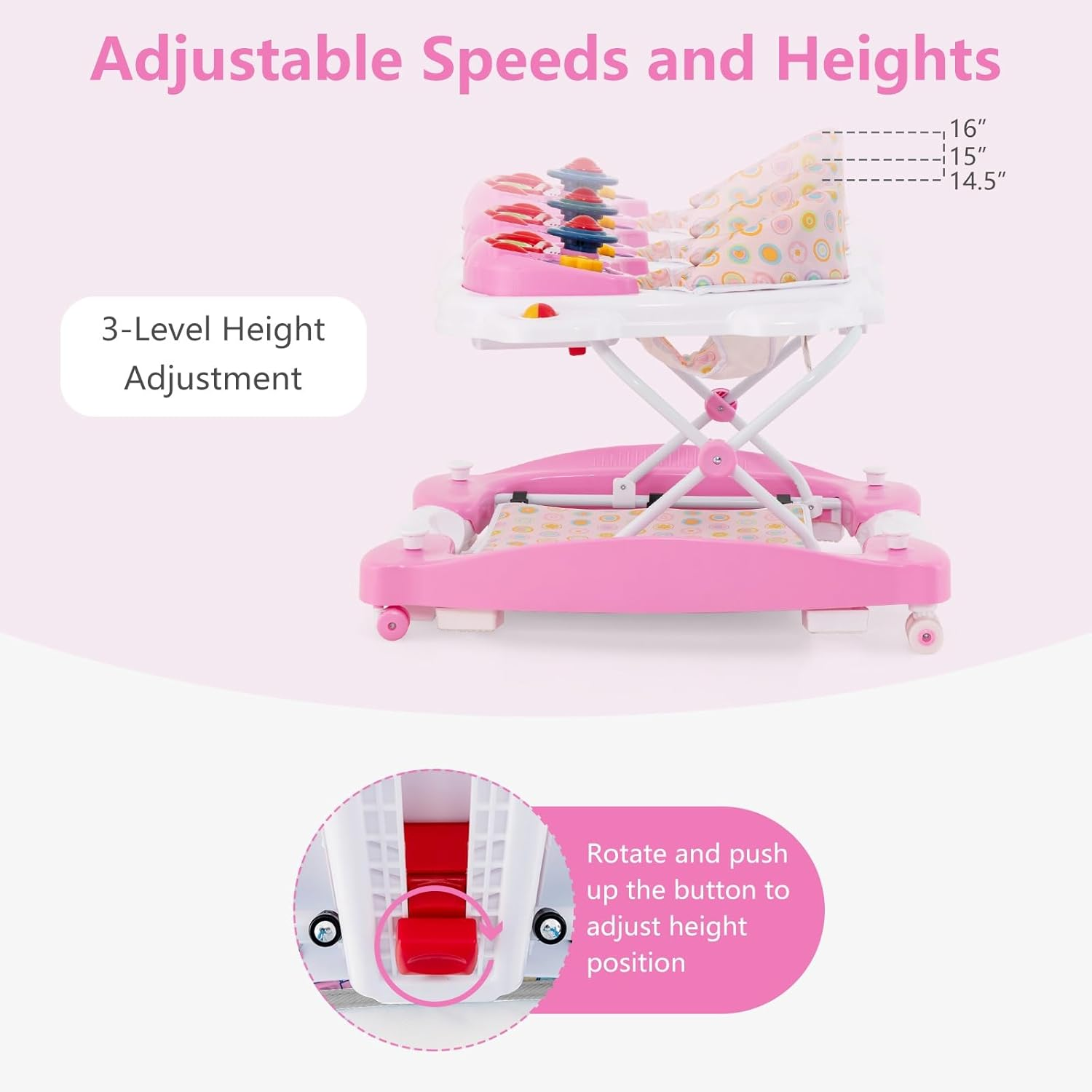 INFANS Baby Walker, 5 in 1 behind Walker Learning Seated Rocker Bouncer with Removable Music Tray, Adjustable Height, Washable Seat Cushion, Foldable Activity Center for Toddlers (Pink) image number 5