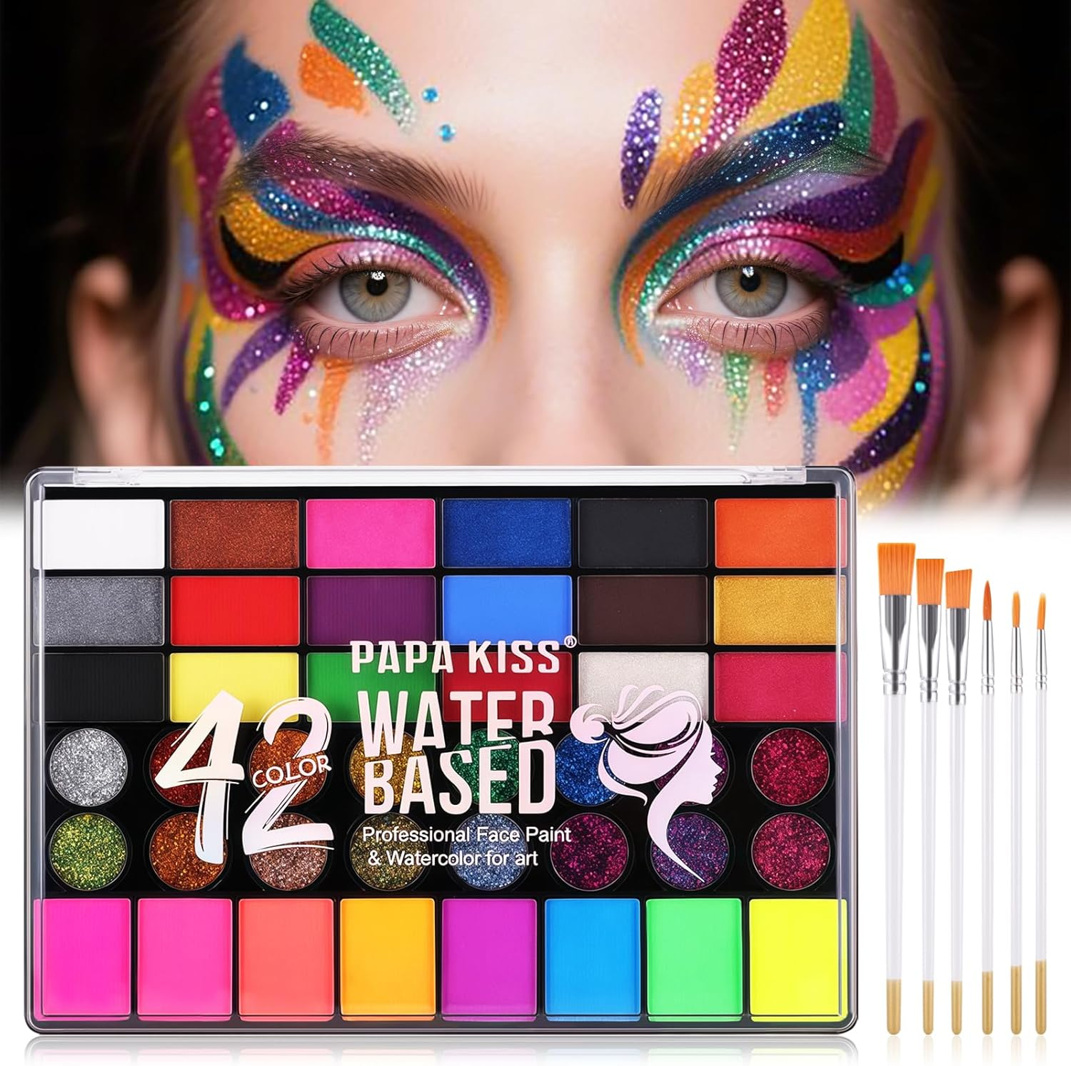YBUETE Face Painting Kit, 42 Color Water Based Easy Body Painting Kits with Brushes Glitter Gems, Professional Non Toxic Make up Set for Carnival, Halloween, Costume Party and Any Creative Activity image number 3