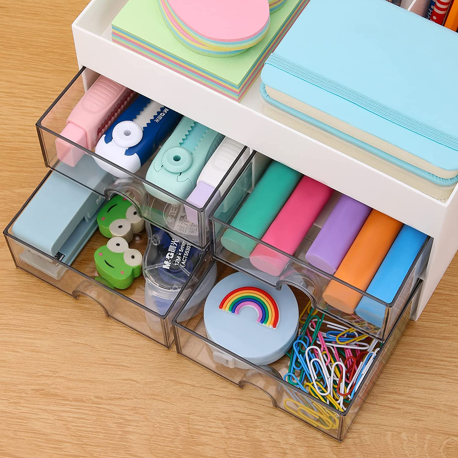 LETURE Desk Organizer Office Desktop Organizer with Drawer, Desk Top Accessories Stationary Organizer Desk Caddy, Pen/Pencil/Business Card/Sticky Note Tray/Paperclip Holder Storage Box (White) - Colorful A image number 2