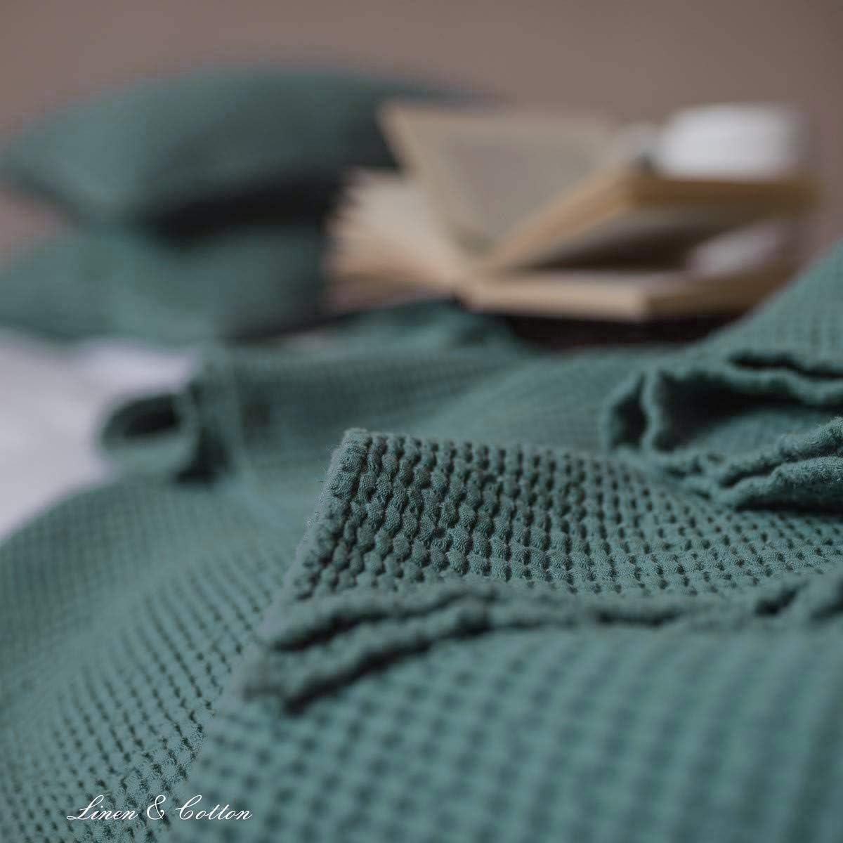 Linen & Cotton Plaid Blanket Summer Bedspread Waffle Pique Enzo - 48% Linen, 52% Cotton, Emerald Green (210 X 250 Cm) Blanket Throw Bed Linen image number 1