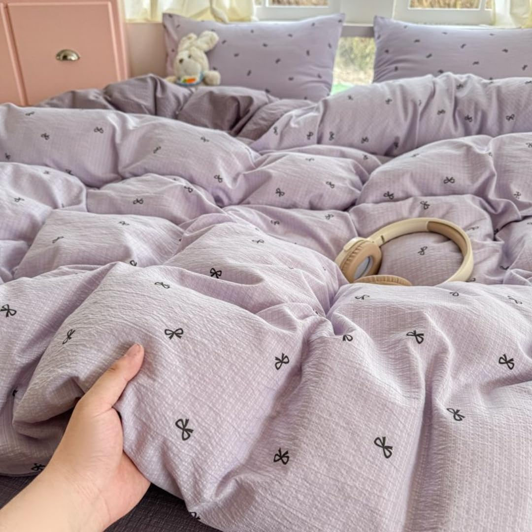 Pink Cartoon Duvet Cover Double-Layer Yarn Feel Super Soft Breathable Cozy Comforter Cover 3 Pieces Bedding Sets with 2 Pillowcases (Purple, Full) image number 1