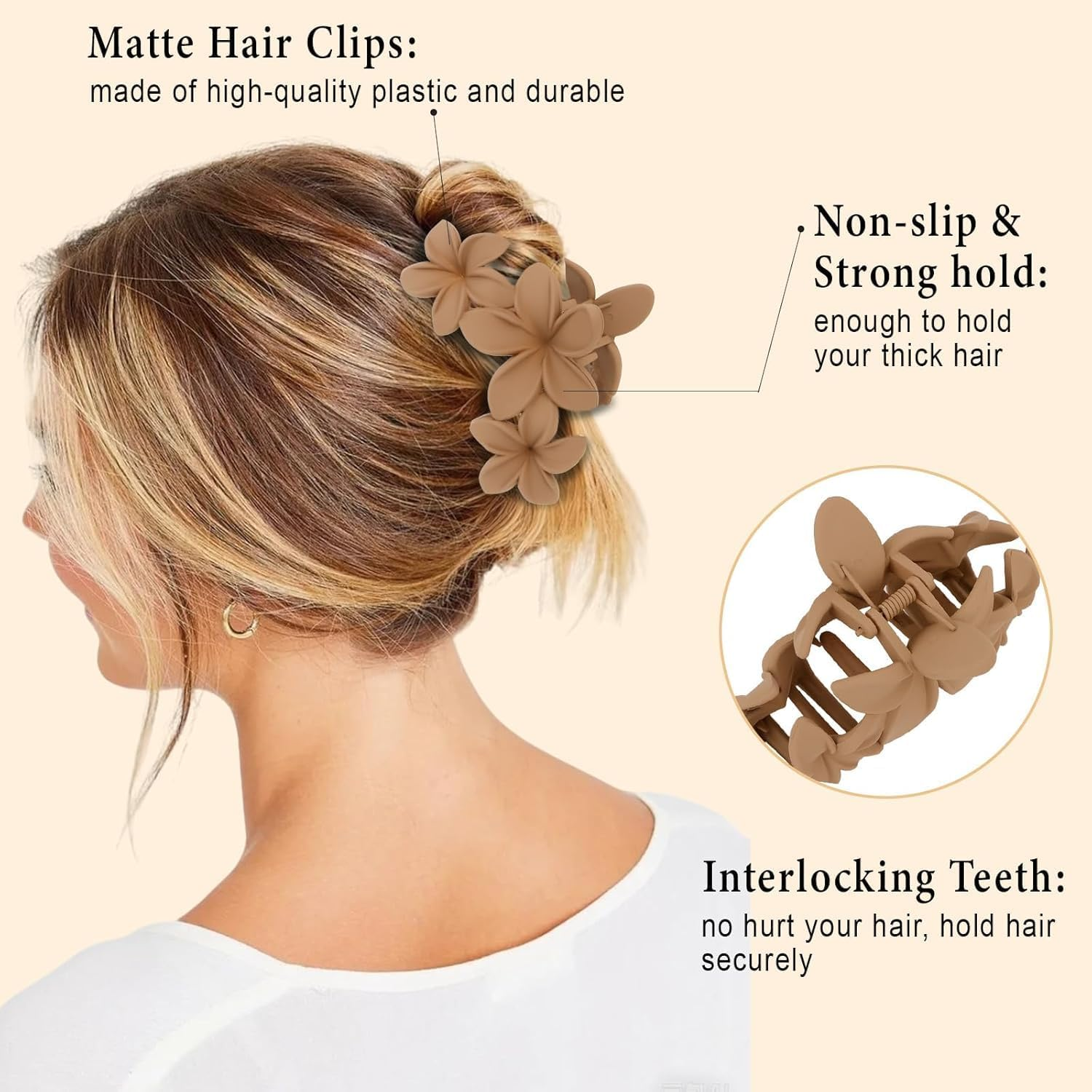 Ueiykoz 4 Pcs Hawaiian Plumeria Flower Hair Clips,Non-Slip Matte Claws Clips for Thick Thin Strong Hold Hair Beach Hair Accessories for Women Girls image number 3