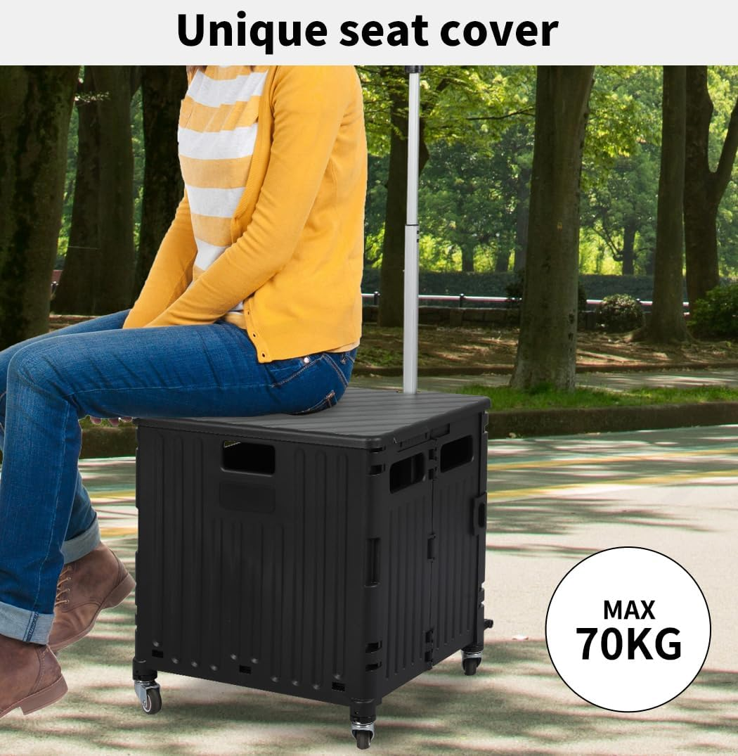 65L Shopping Trolley Cart Foldable Grocery Carts with Lid Collapsible Pack & Roll Folding Grocery Basket Crate Handcart Portable 4 Omni-Directional Wheels Aluminum Telescopic Handle (Black) - Black image number 1