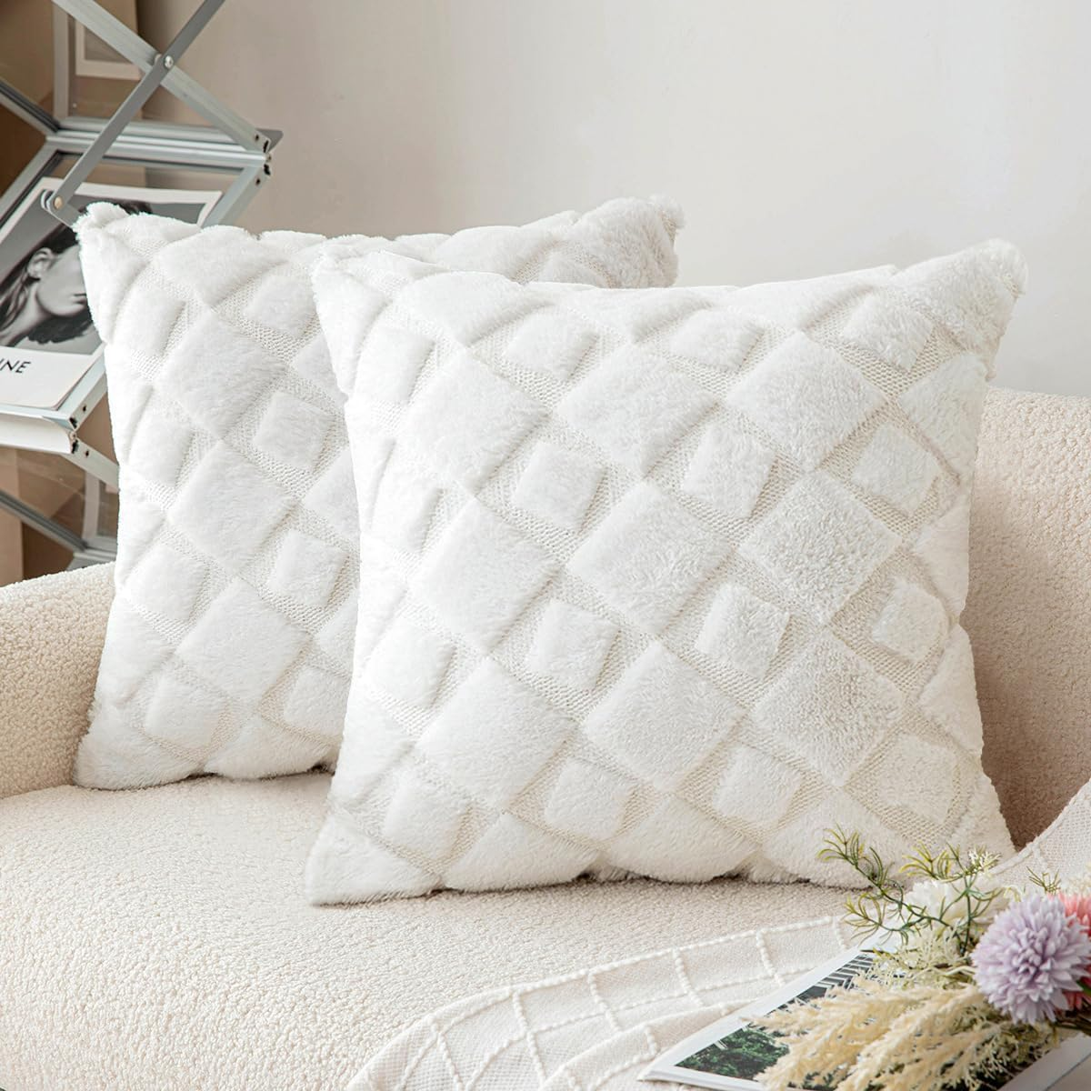 2Pcs Soft Faux Fur Throw Pillow Covers 18X18 - Plush Short Wool Velvet Decorative Pillow Covers - Couch Sofa Pillow Covers for Living Room - with 3D Plaid Pattern (White)