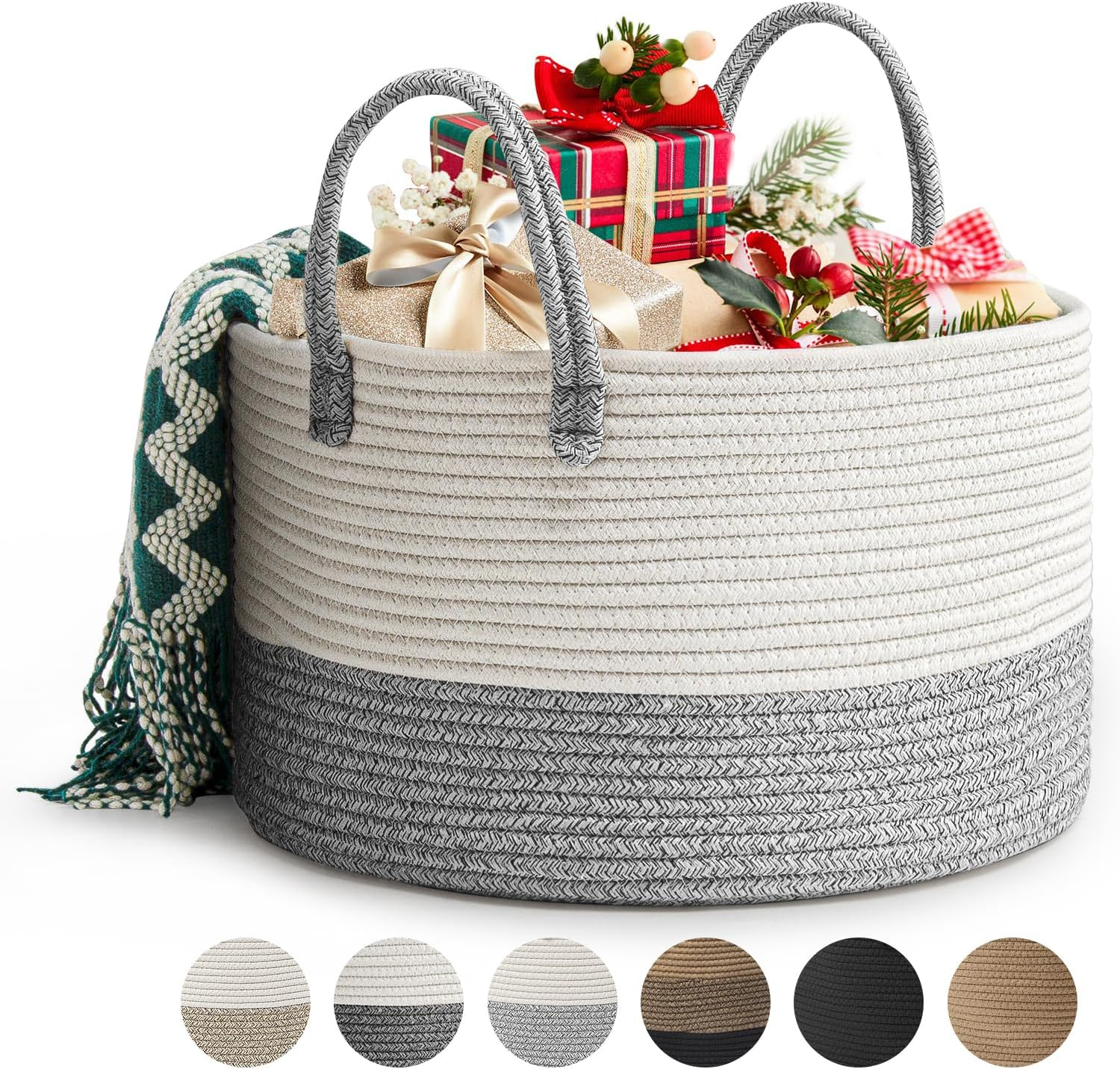Woven Cotton Rope Laundry Basket 40 X 25Cm Woven Clothes Storage Basket 32L Decorative Cotton Rope Blanket Basket Collapsible Laundry Hamper with Handle, for Laundry Room(Black)