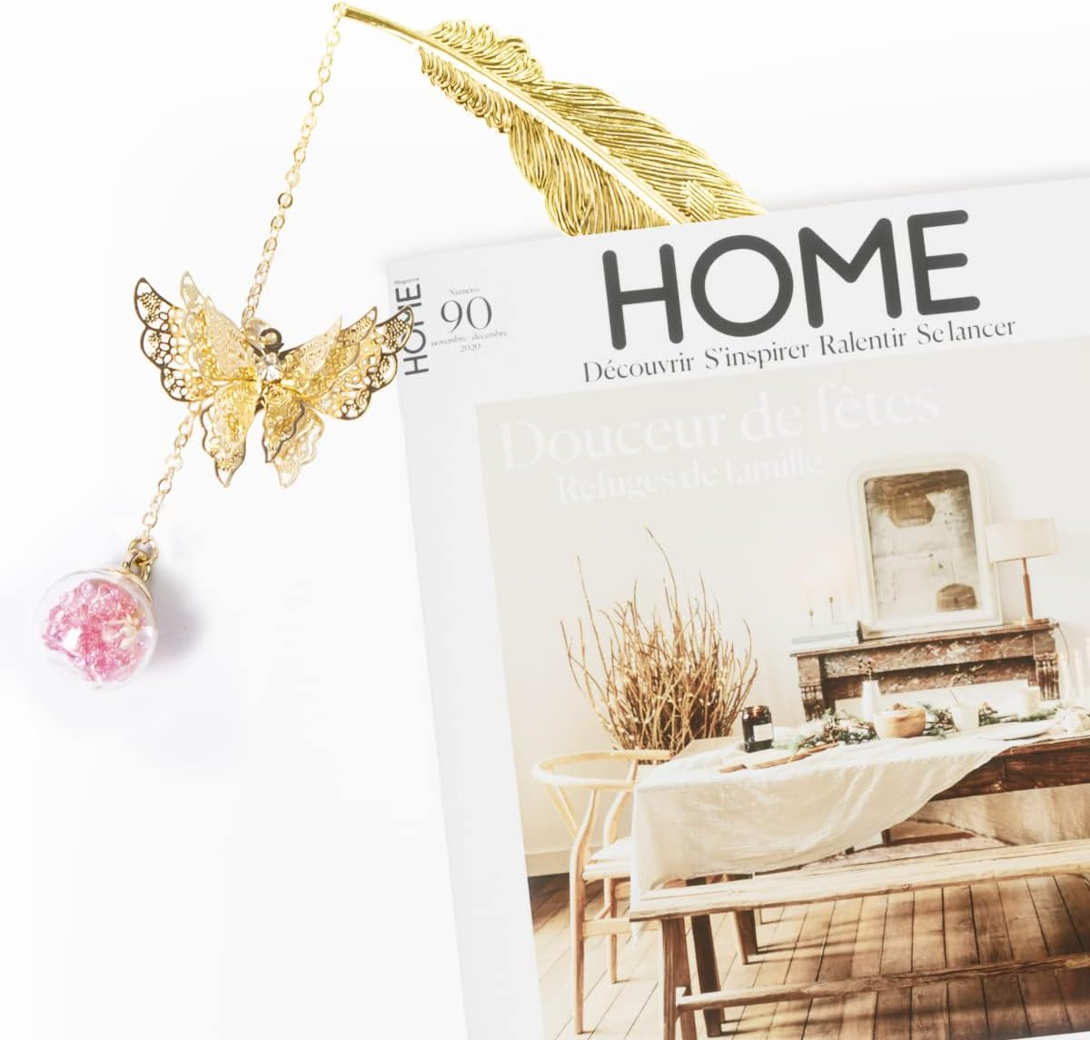 Metal Feather Bookmark with 3D Butterfly and Glass Bead Pendant, Exquisite Bookmark Book Marker for Book Lover, Teachers, Friends, Grandma, Woman and Kids (Silver Feather Pink Ball White F)